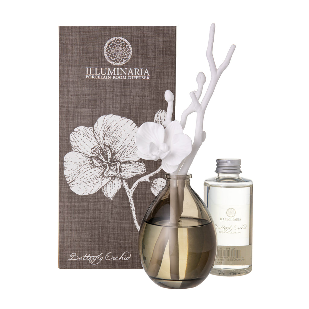 Notes of bergamot mingle with honey mandarin and blackcurrant in this uplifting scent, presented in a stylish glass bottle with porcelain orchid flower diffuser. Place the floral porcelain branches in the glass bottle of oil to disperse the delicate fragrance in your home. Dimensions: 3 in x 3 in x 9 in.