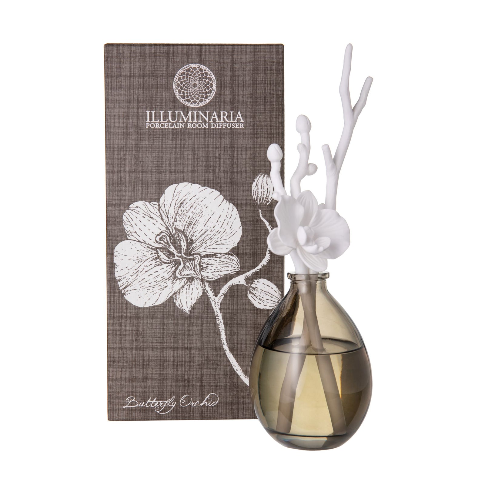 Notes of bergamot mingle with honey mandarin and blackcurrant in this uplifting scent, presented in a stylish glass bottle with porcelain orchid flower diffuser. Place the floral porcelain branches in the glass bottle of oil to disperse the delicate fragrance in your home. Dimensions: 3 in x 3 in x 9 in.