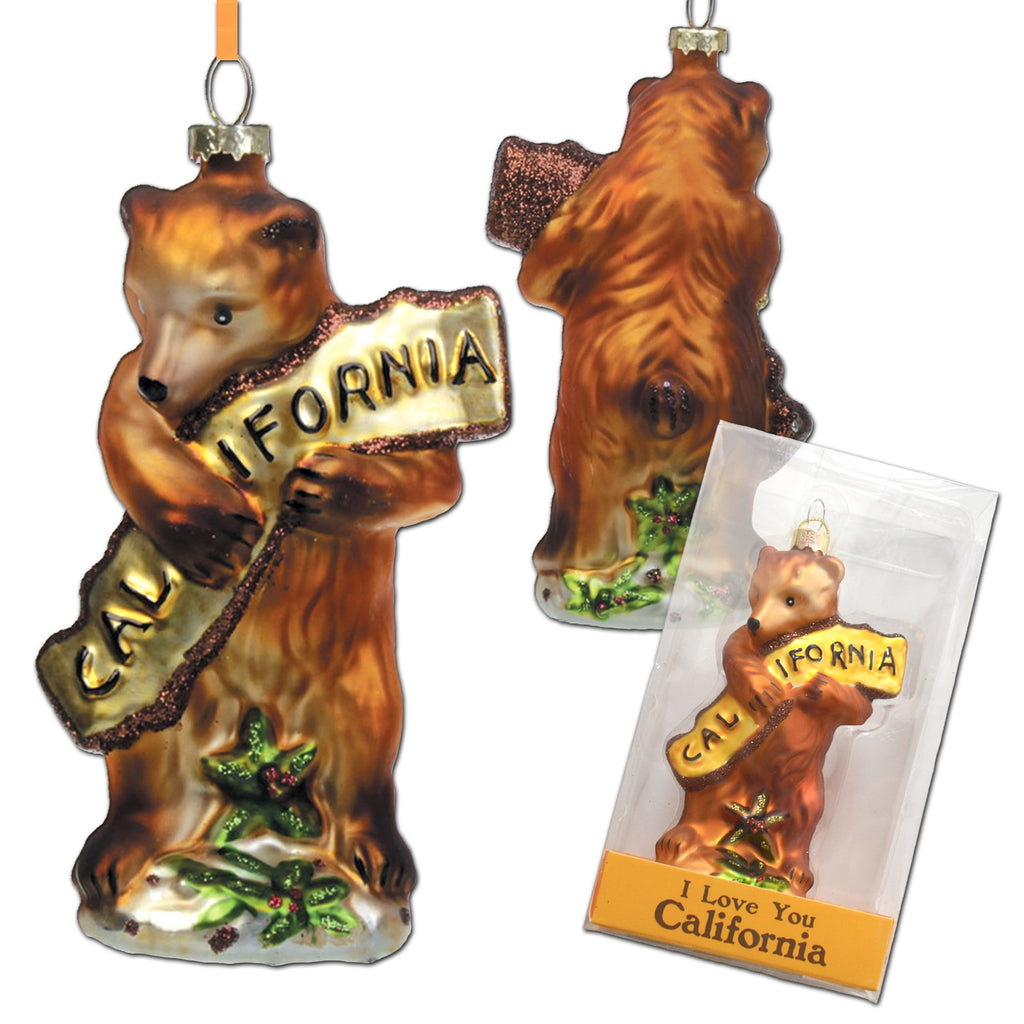 This design for this beautifully detailed, molded glass ornament was inspired by the 1913 sheet music cover for California's state song, "I Love You California". Makes a perfect, year-round decor piece for any fan of the Golden State. Molded glass 'California Bear' ornament Hand-Painted details 2 1/2" x 4 1/2"