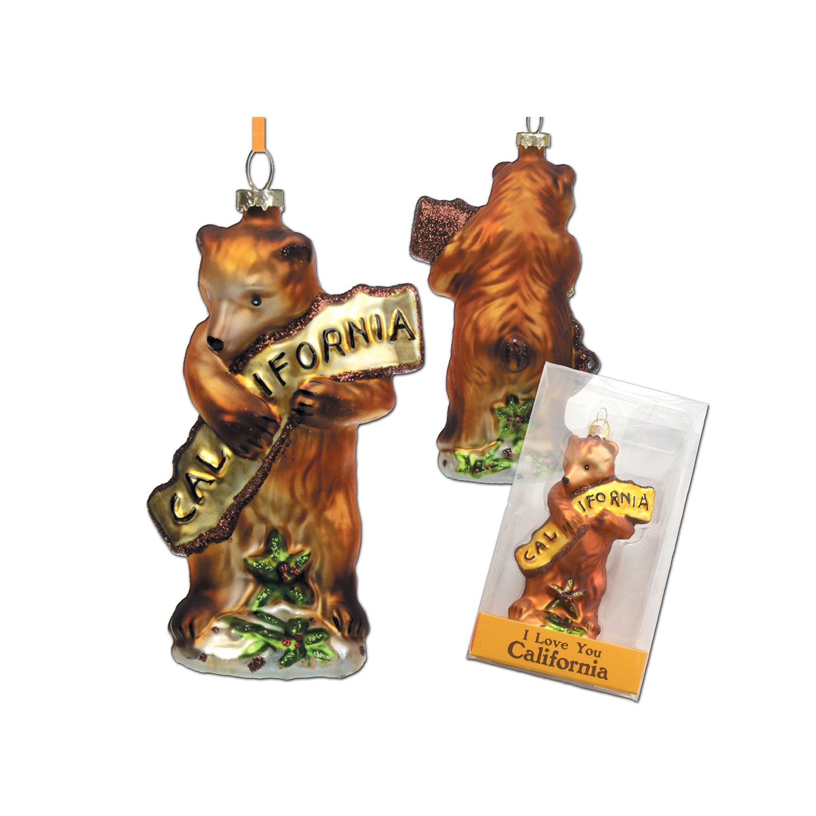 Glass bear ornament holding a 'California' sign with packaging on a white background