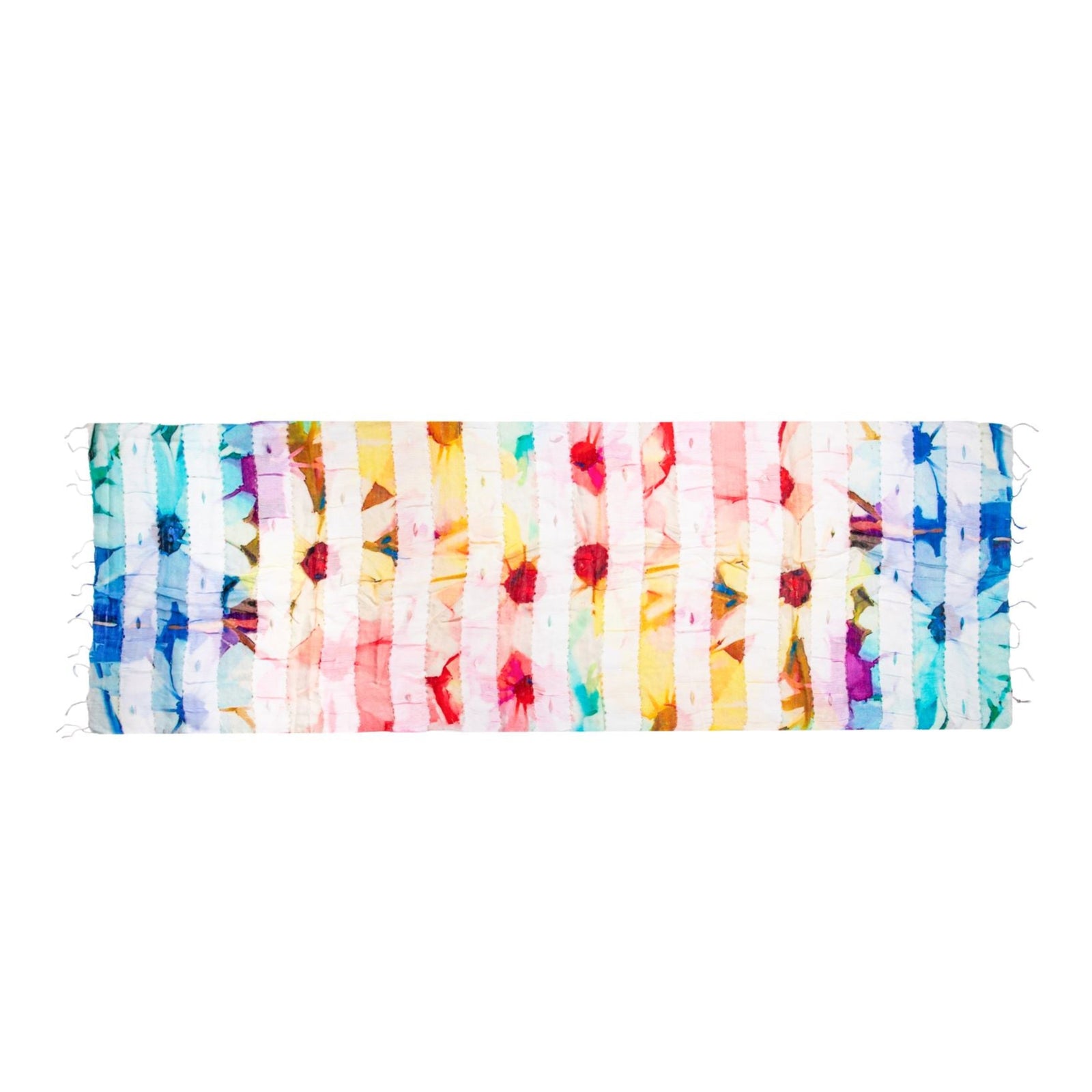 A colorful, abstract digital daisy print adorns this modal blend scarf, featuring woven sheer striped panels that add a delicate, airy touch, vibrant charm and playful elegance. Perfect for adding a dramatic and colorful finishing touch to your summer evening outfits. Material: 30% modal, 70% polyester Dimensions: 27.5" x 71" Dry clean only