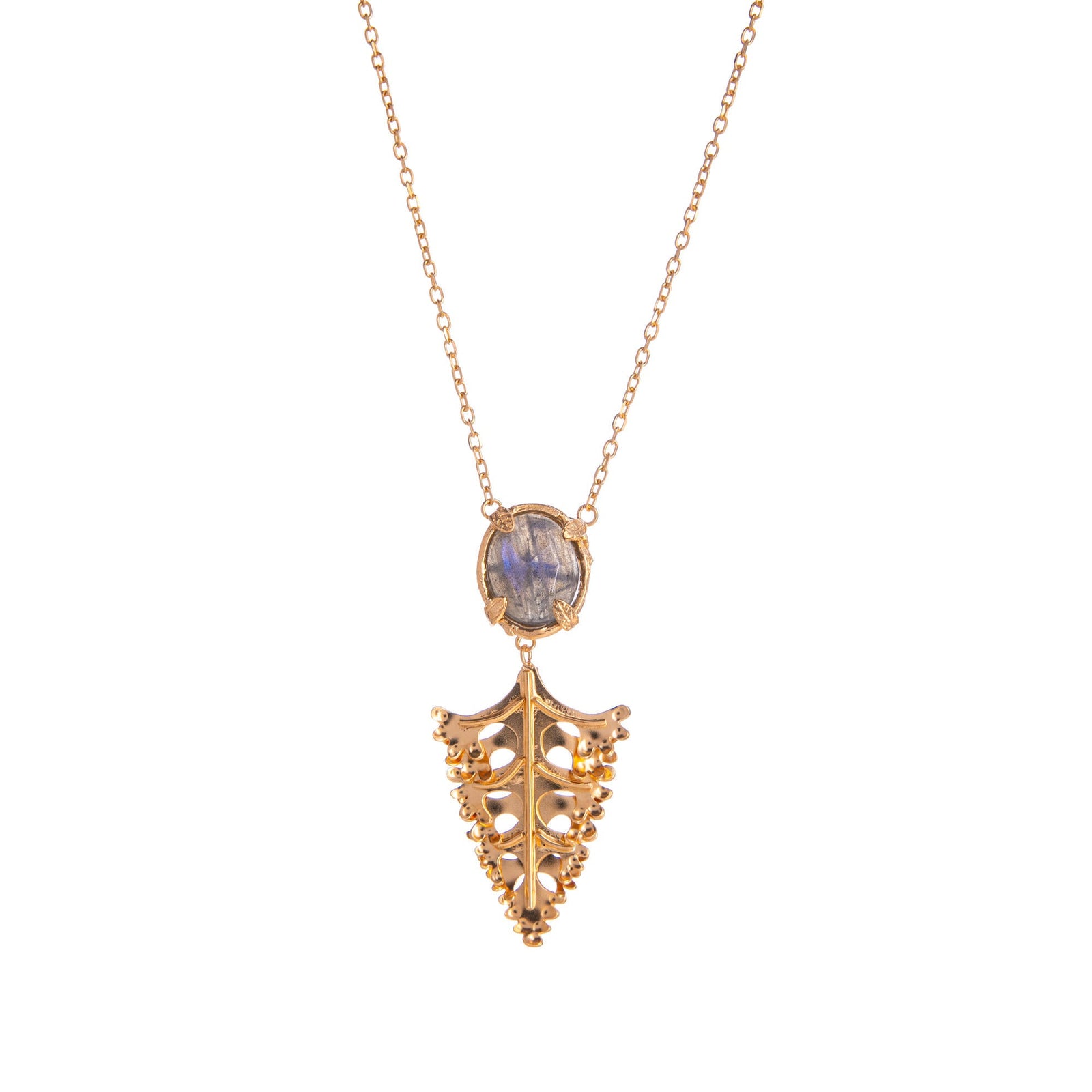 Gold necklace with a leaf-shaped and round labradorite gemstone pendant on a white background