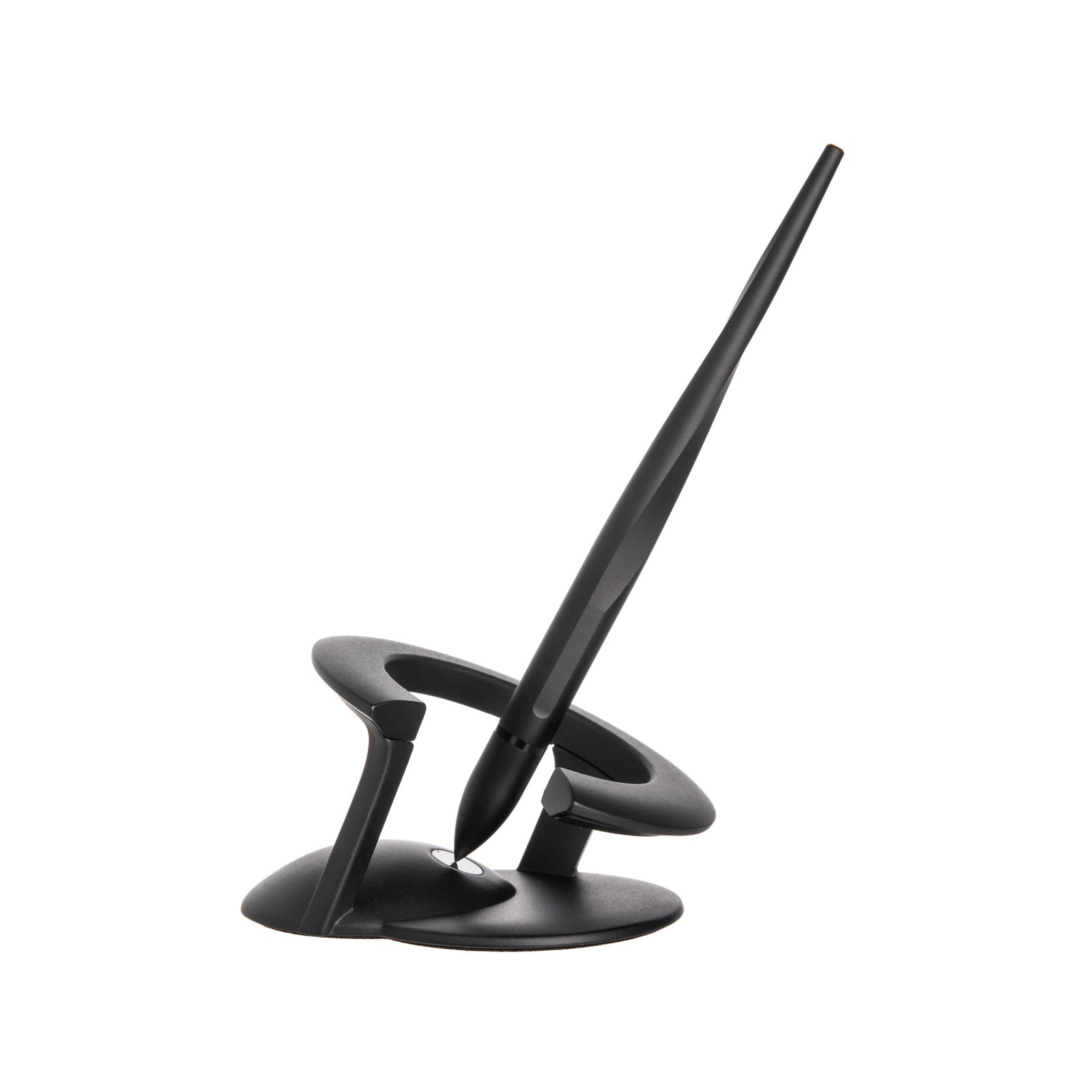 Black pen in a modern pen holder on a white background