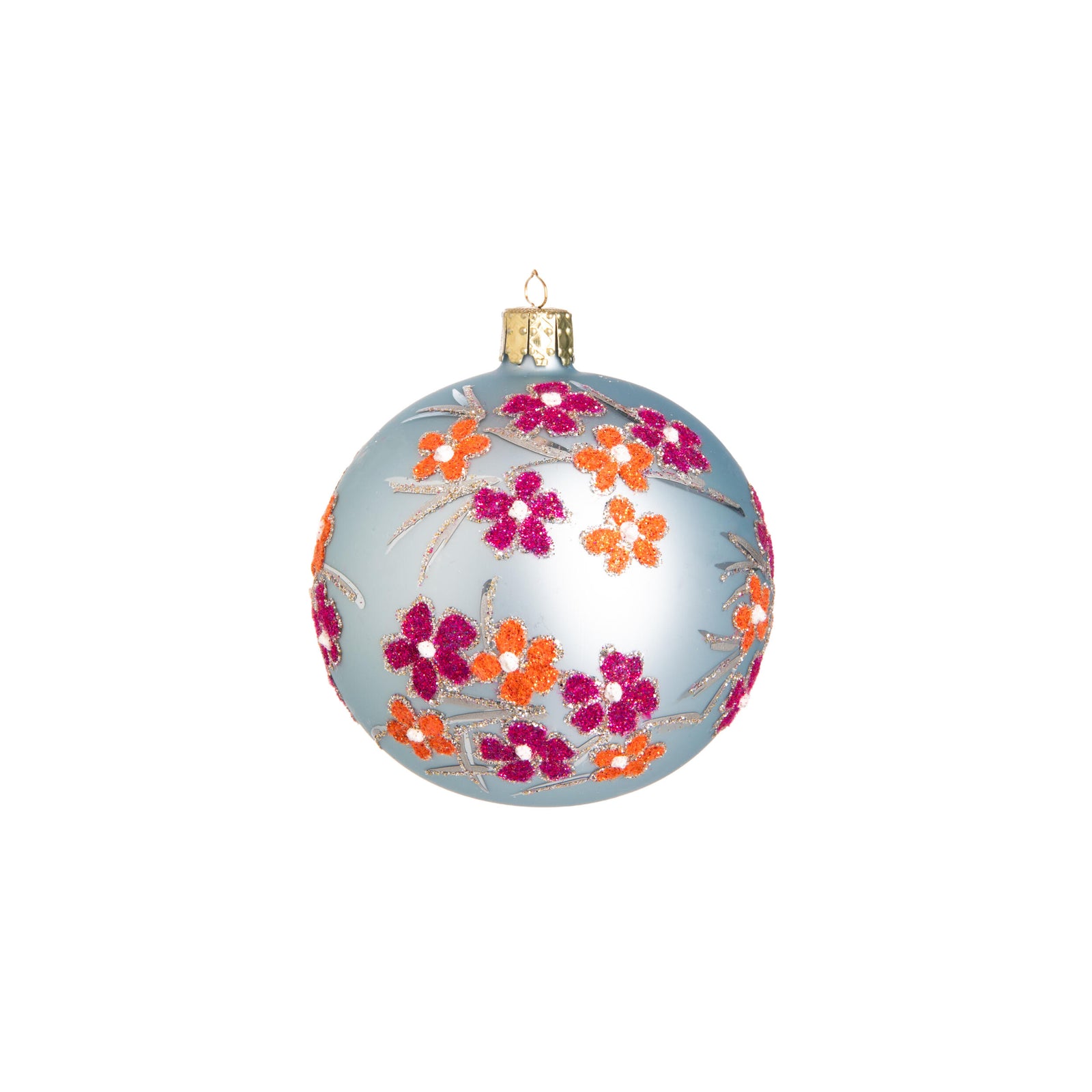 Decorative glass ball ornament with floral patterns on a white background