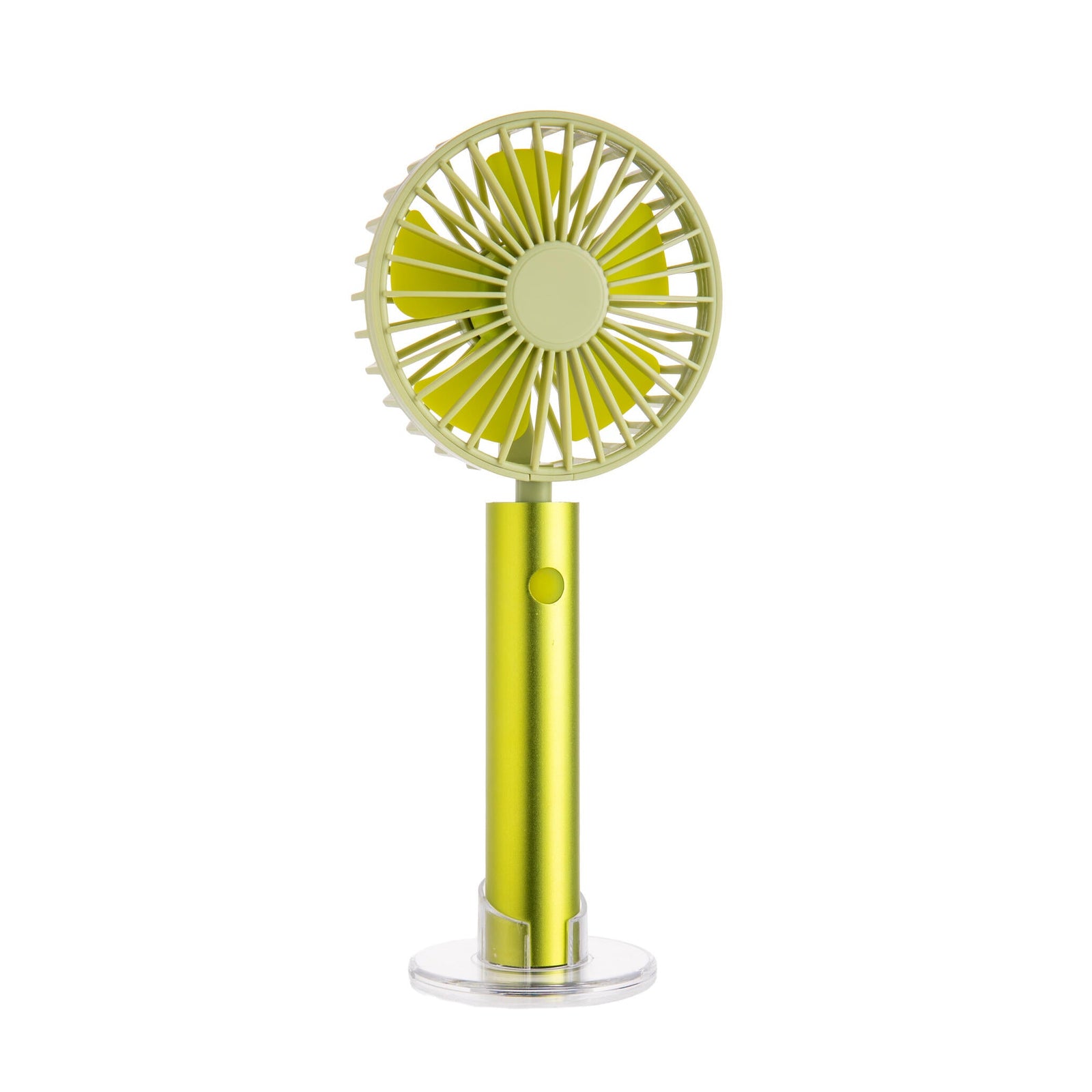 Lime green handheld fan on a white background