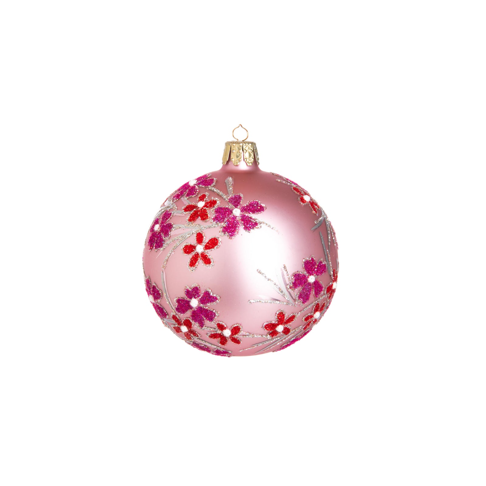 Decorative glass ball ornament with floral patterns on a white background