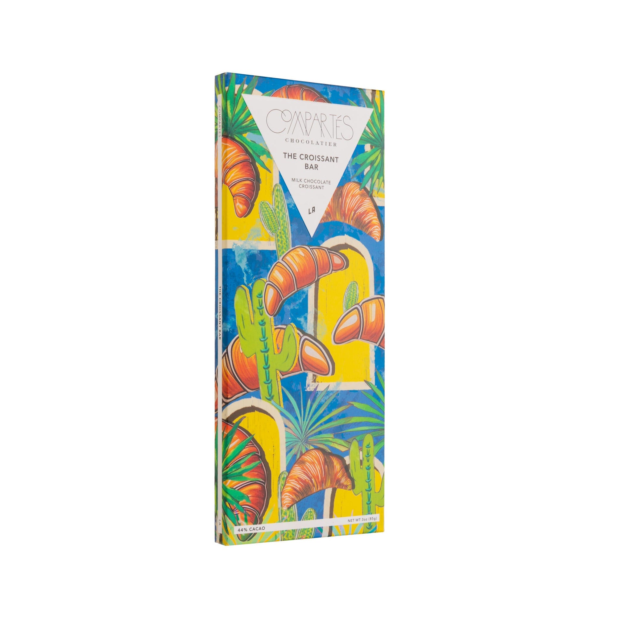 Colorful chocolate bar packaging with croissants and a brand logo on a white background