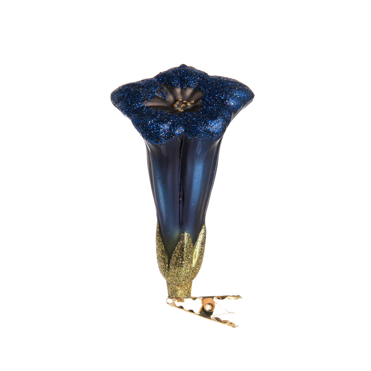 Decorative blue and gold flower ornament on a white background
