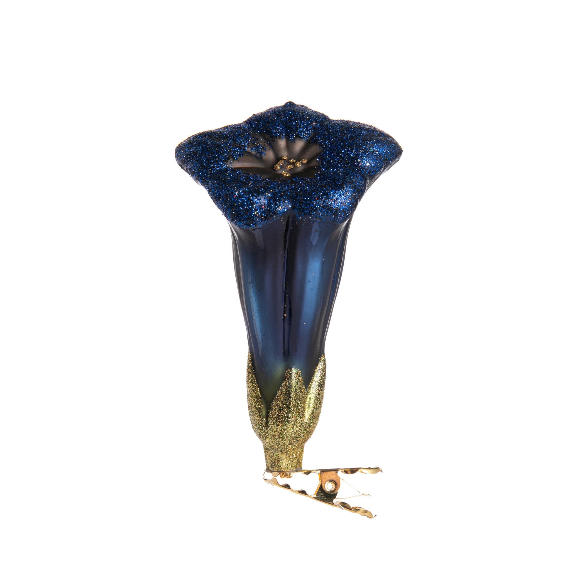 Decorative blue and gold flower ornament on a white background