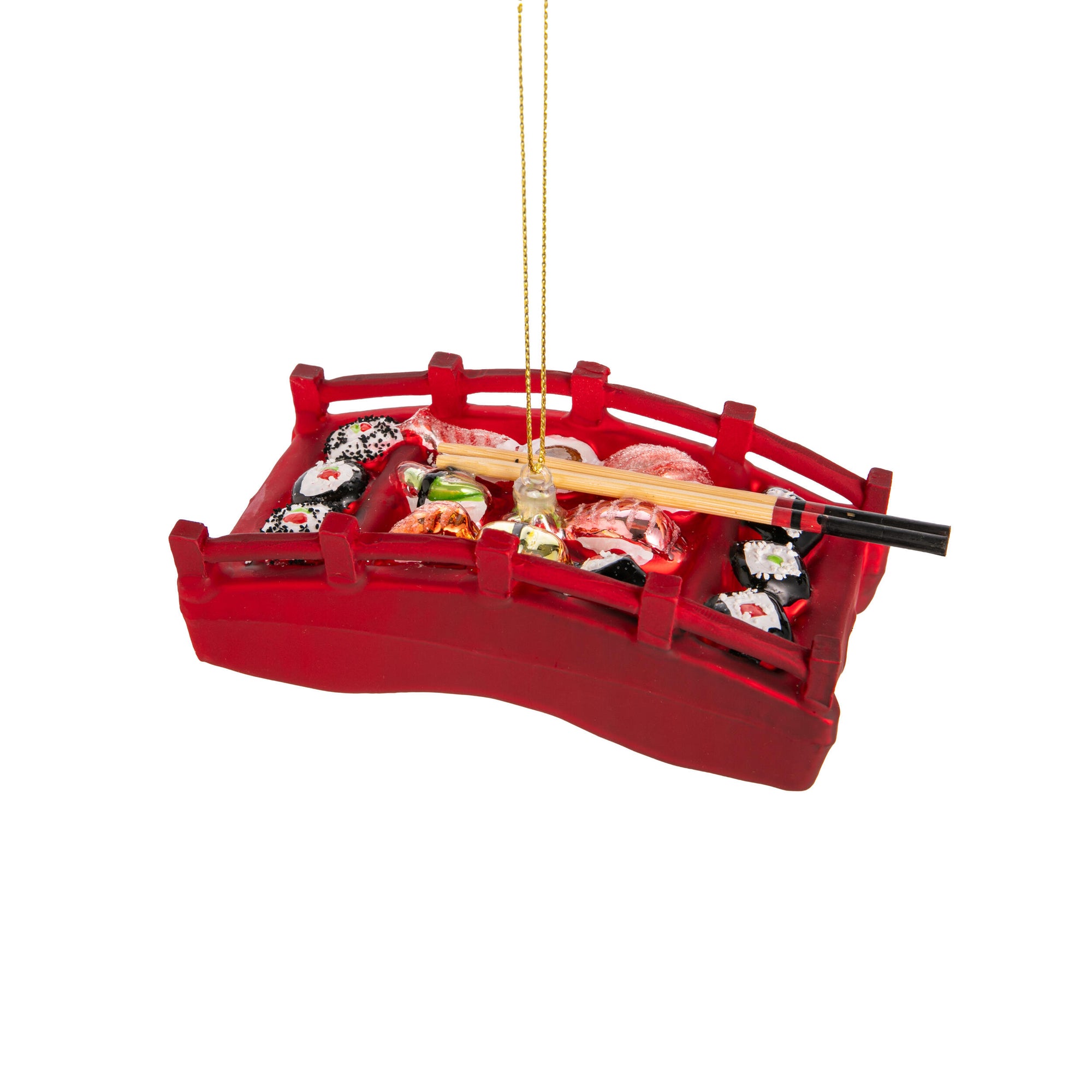 Red bridge-shaped ornament with sushi and chopsticks on a white background