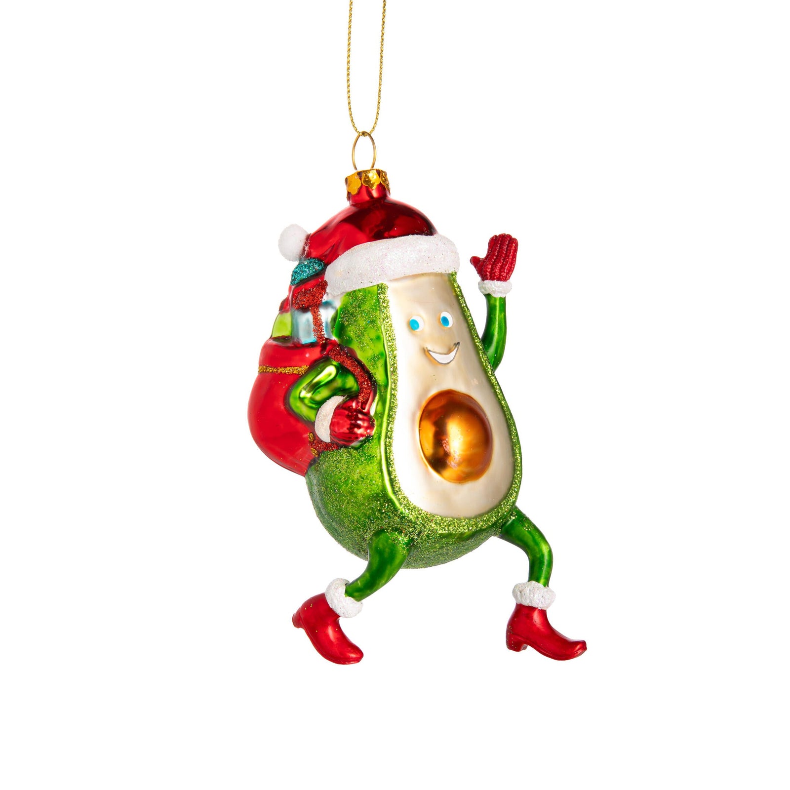 Avocado Christmas ornament wearing a Santa outfit on a white background