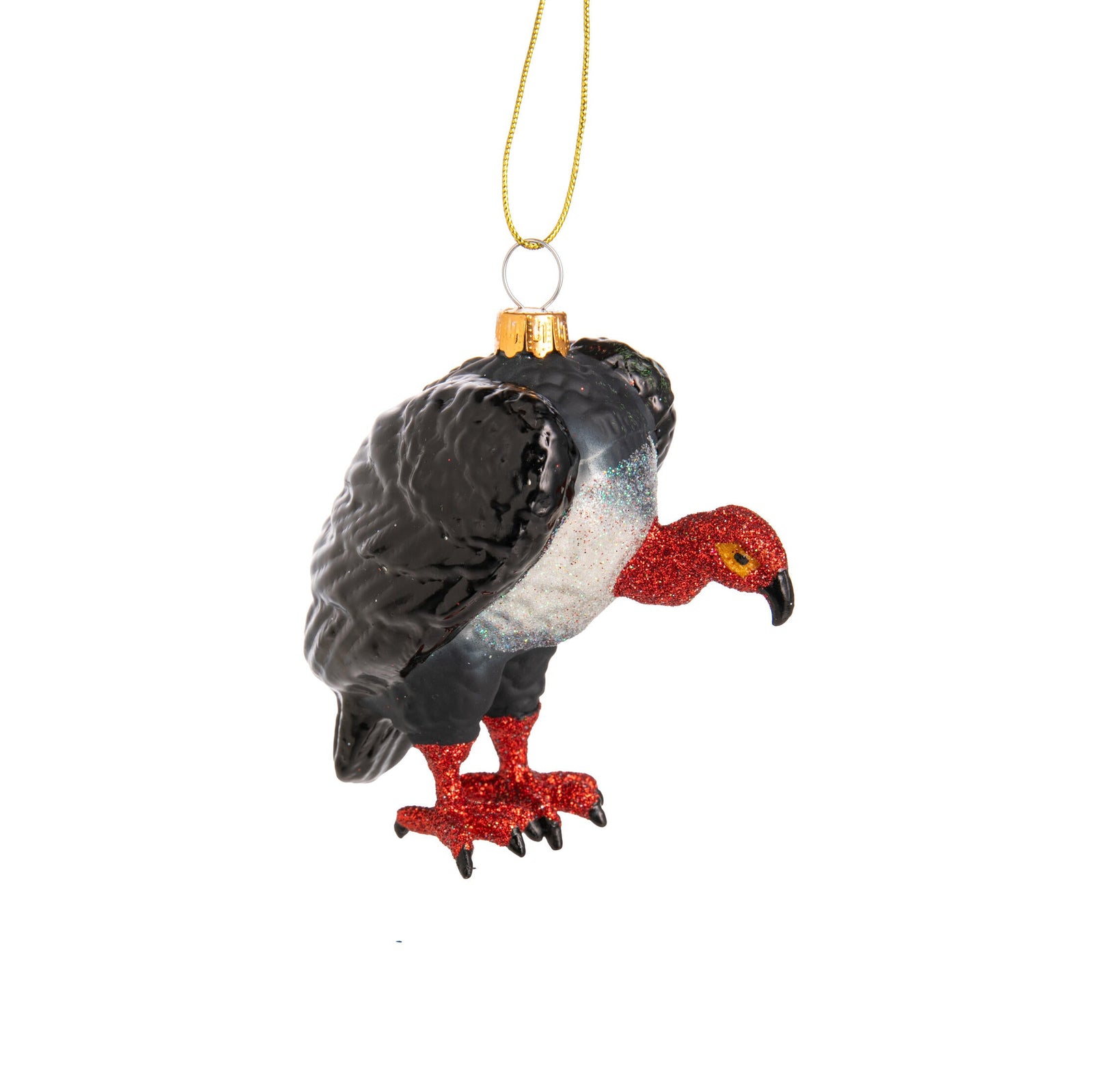 Decorative vulture ornament with red feet and a gold hook on a white background