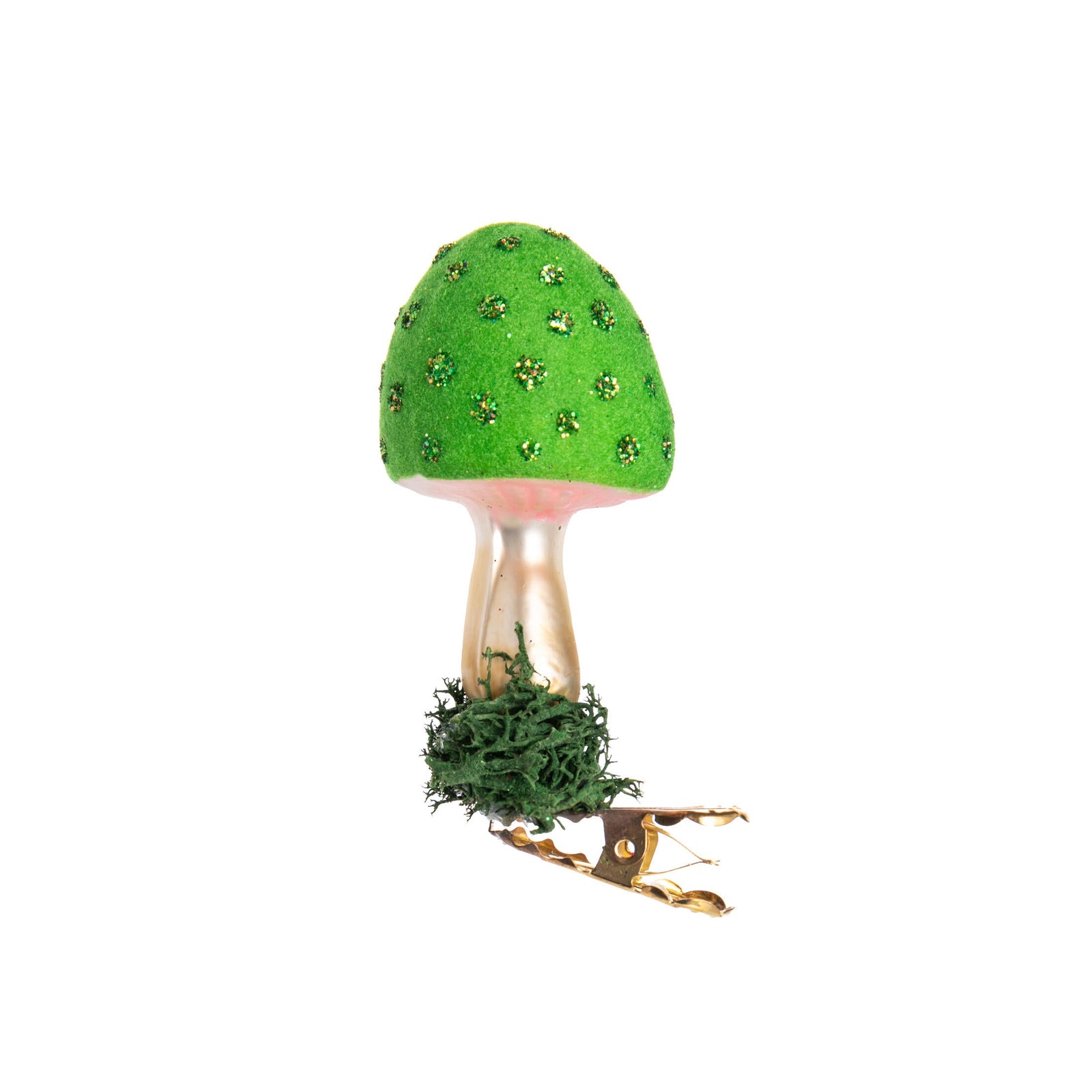 Decorative mushroom clip-on ornament with green cap and base on a white background