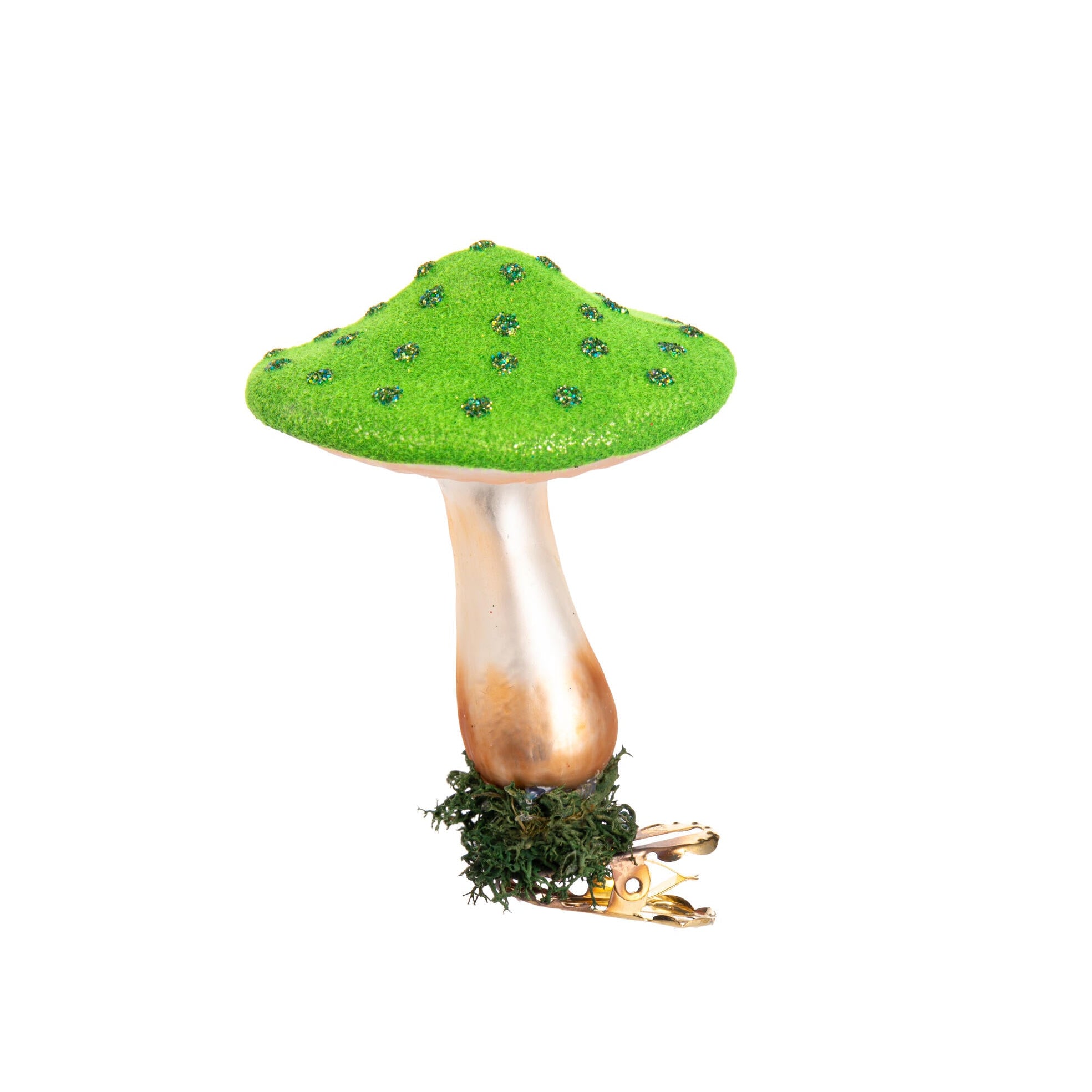Mushroom-shaped clip-on ornament with green cap and brown stem on a white background