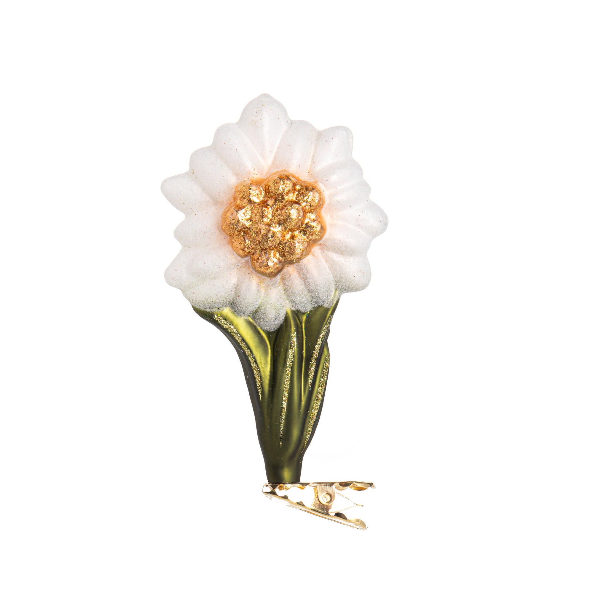 White flower-shaped earring with gold center on a white background