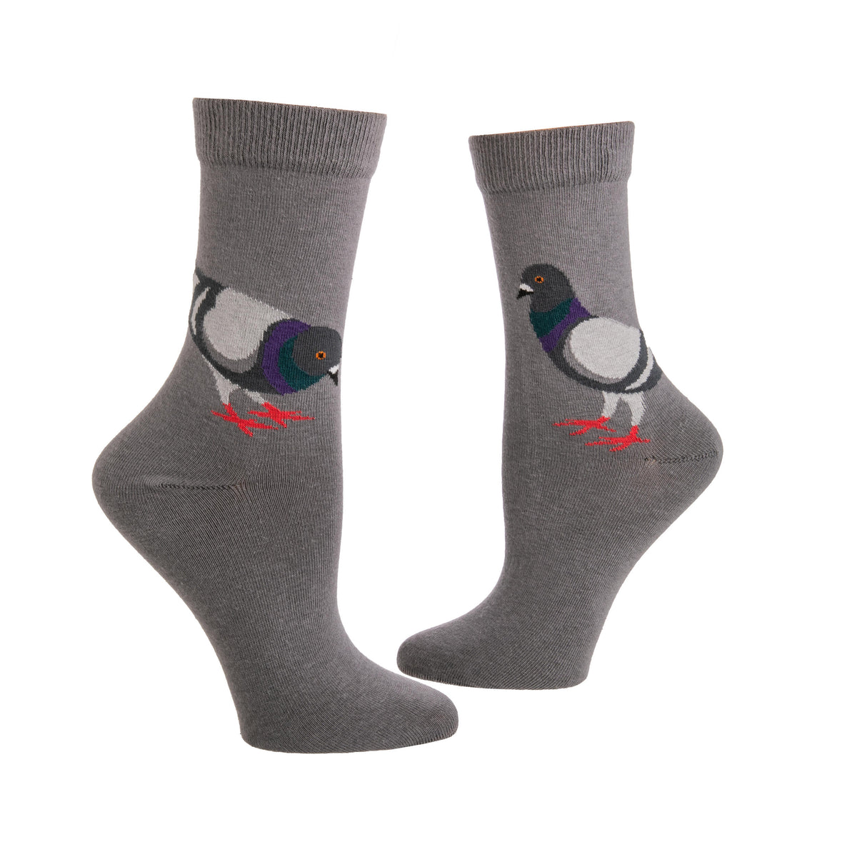 Gray socks with a pigeon design on a white background