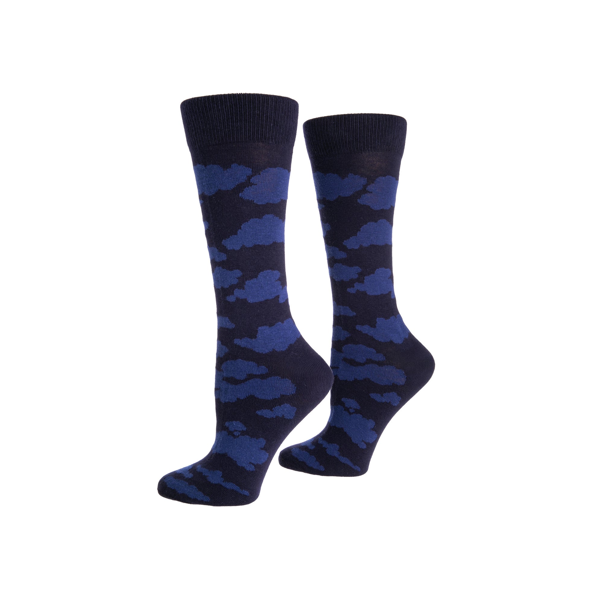 Blue socks with cloud pattern on a white background