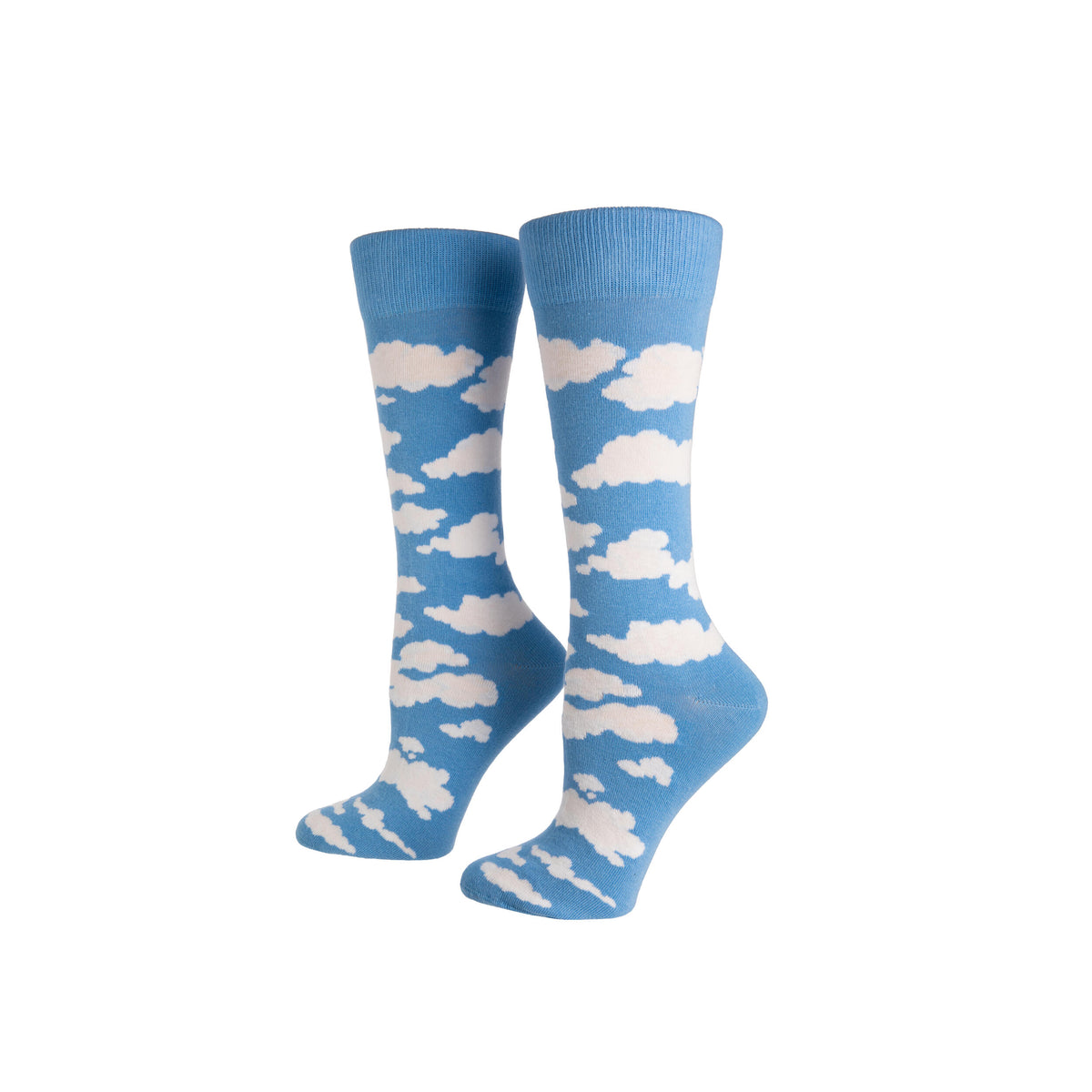 Blue socks with cloud pattern on a white background