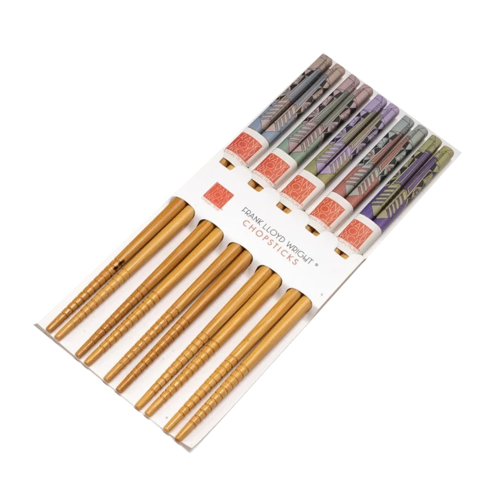 Set of chopsticks with colorful handles in a Frank Lloyd Wright Collection box.