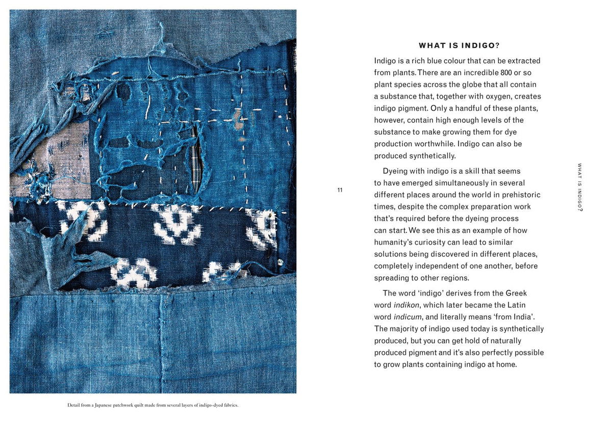 Text about indigo dye with close-up of blue fabric and white patterns