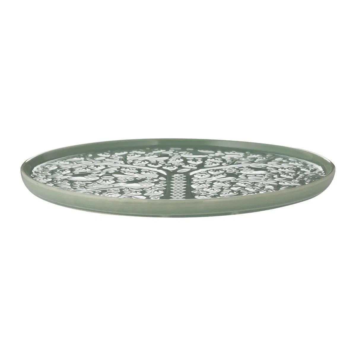 Green ceramic plate with embossed design on a white background