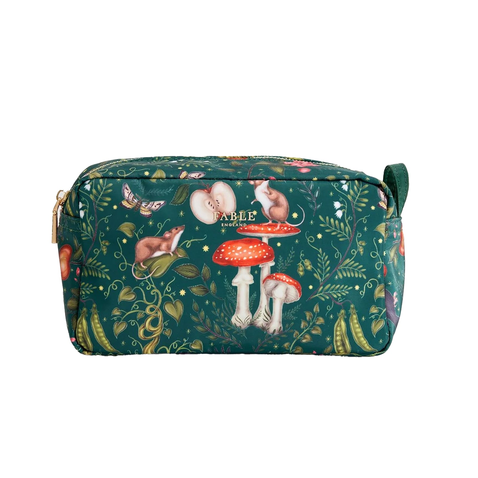 Cosmetic bag with nature-themed design featuring mushrooms and animals on a green background