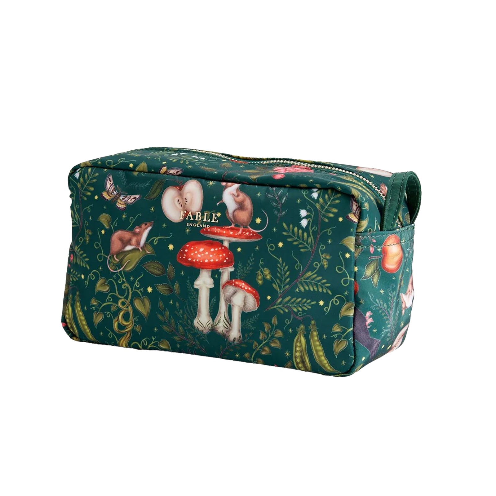 Cosmetic bag with nature-themed design featuring mushrooms and animals on a green background