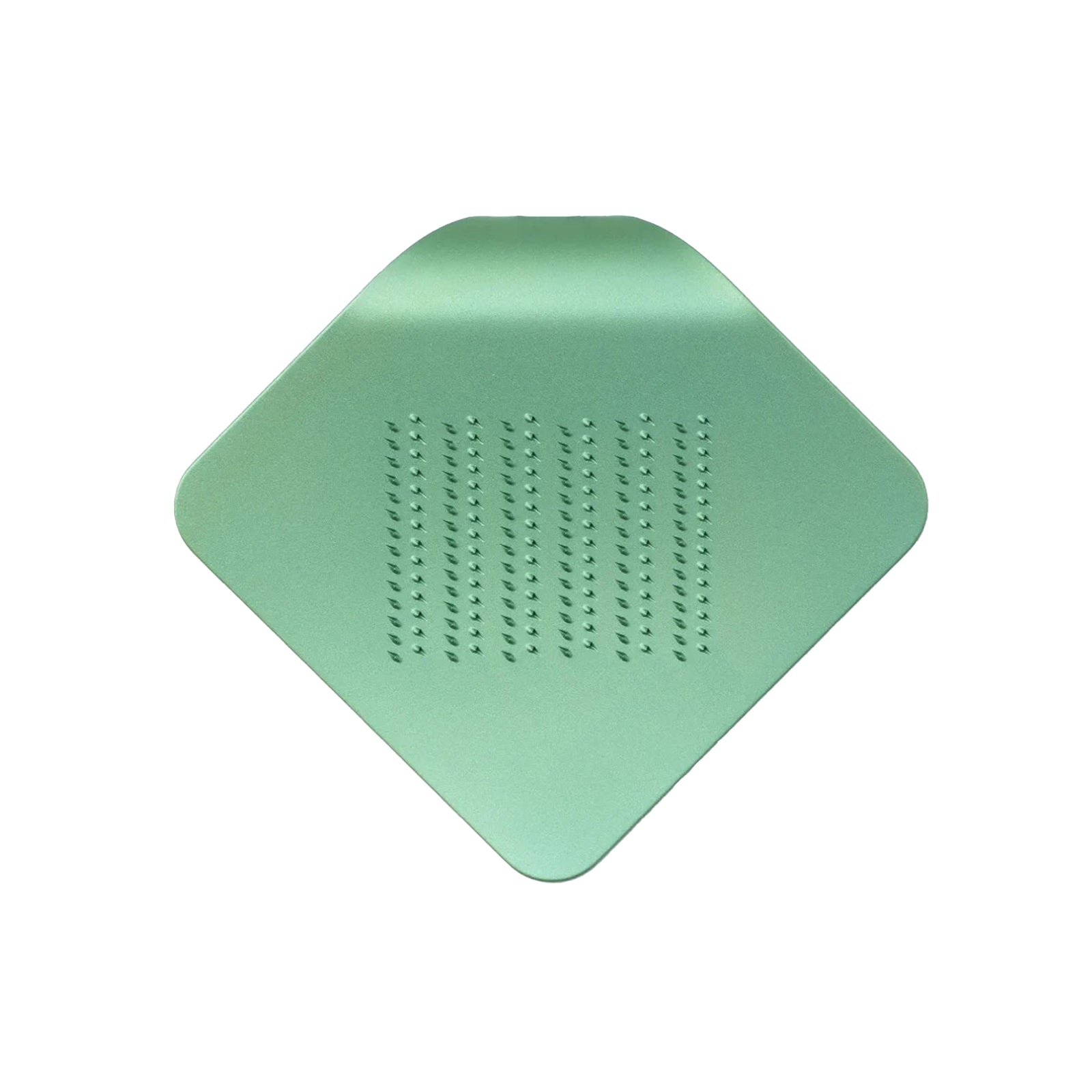 Green square grater with perforated design on a white background