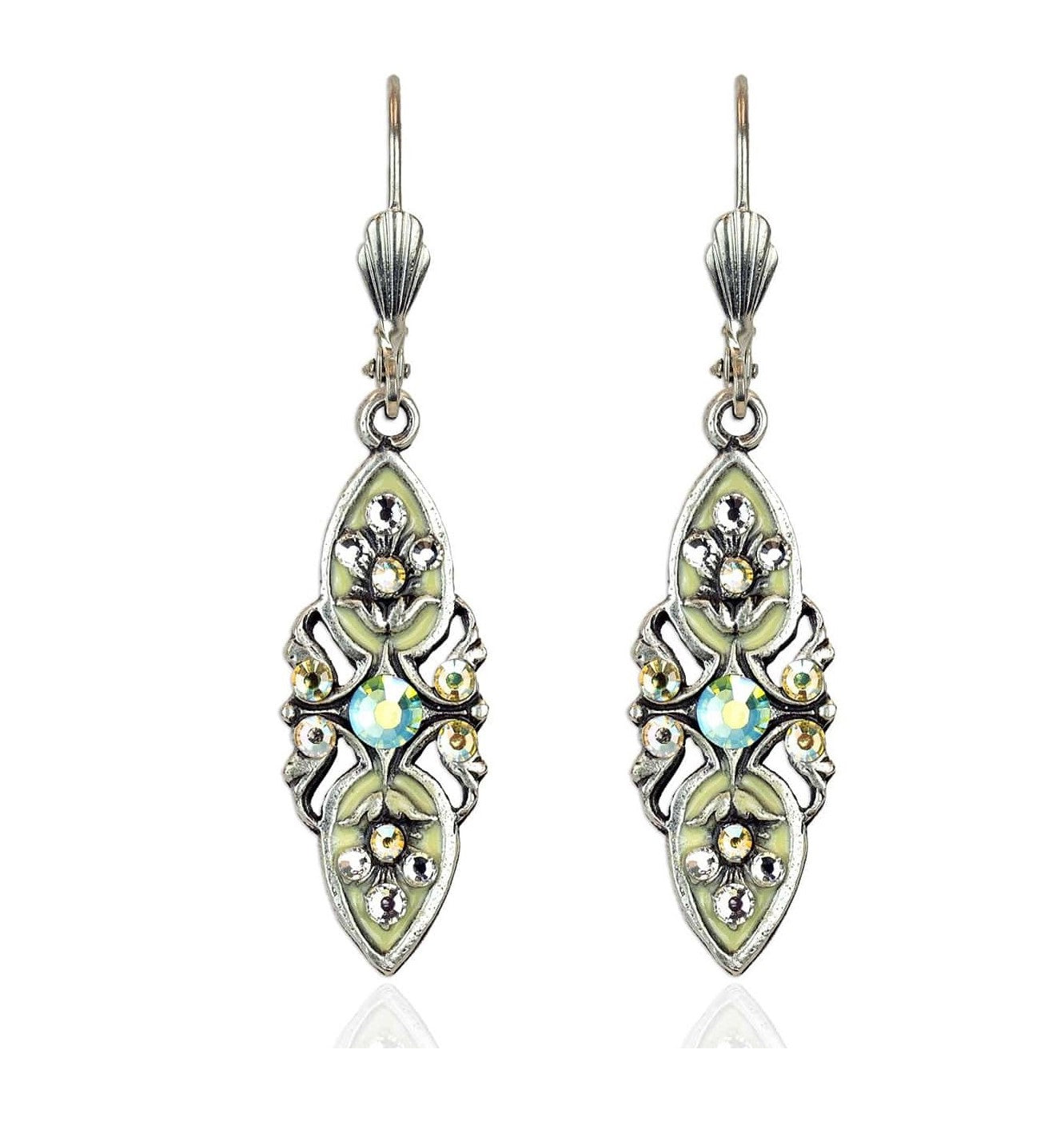 Featuring vintage inspired filigree findings, these gorgeously elegant earrings are hand painted in yellow enamel and embellished with sparkling crystals refracting colors of yellow, pink and green. Made in the USA. Silver-plated castings. Crystal accents. Surgical steel posts. Dimensions: 7/8" x 1/4". Made in the USA.