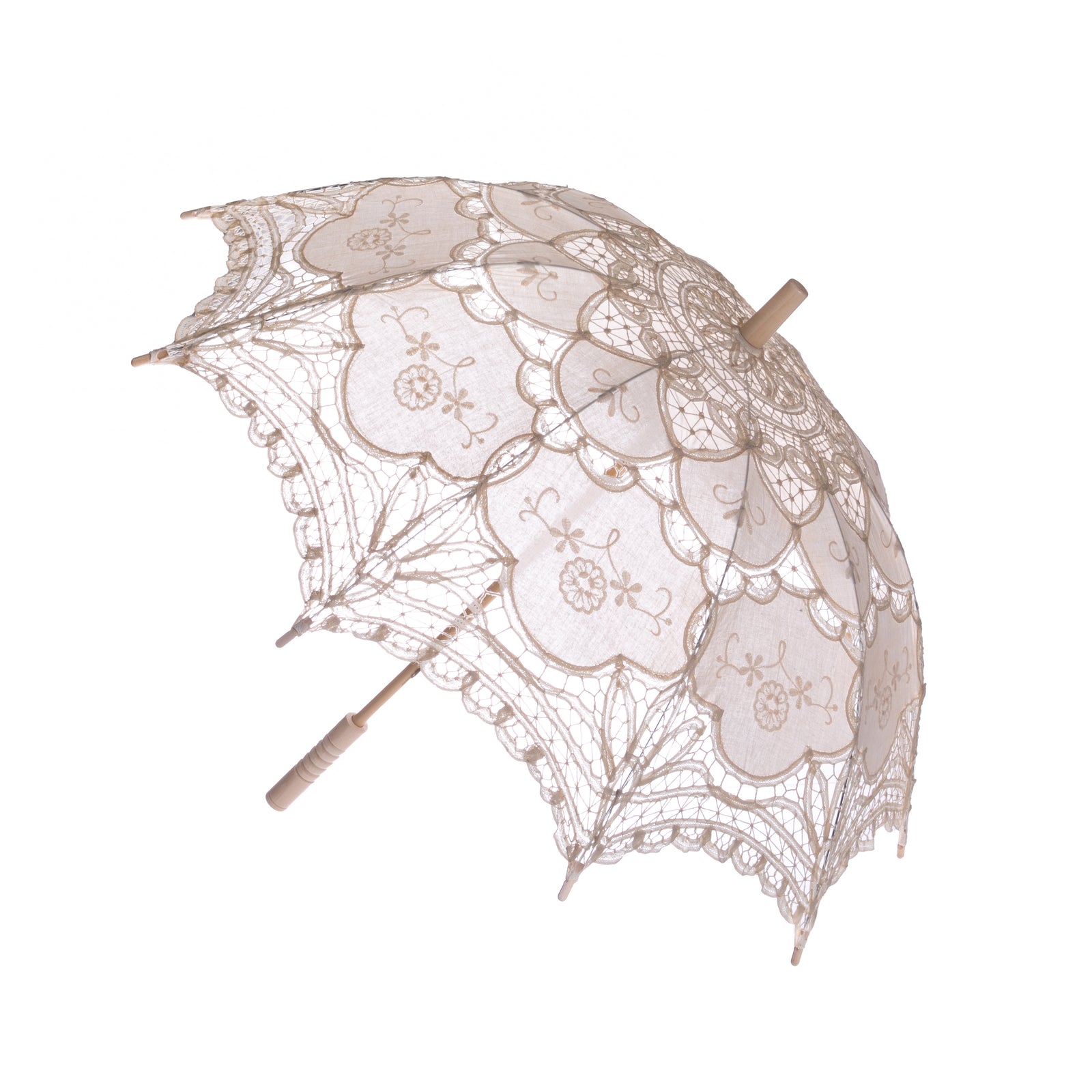 This beautiful, best-selling parasol is made from ivory cotton lace with a sun-proof lining to keep you sunburn-free when walking around our gardens, shopping, attending proms, weddings, parties — and more! Ivory cotton lace with polyester lining Wooden handle, metal spokes Diameter when open: 30"