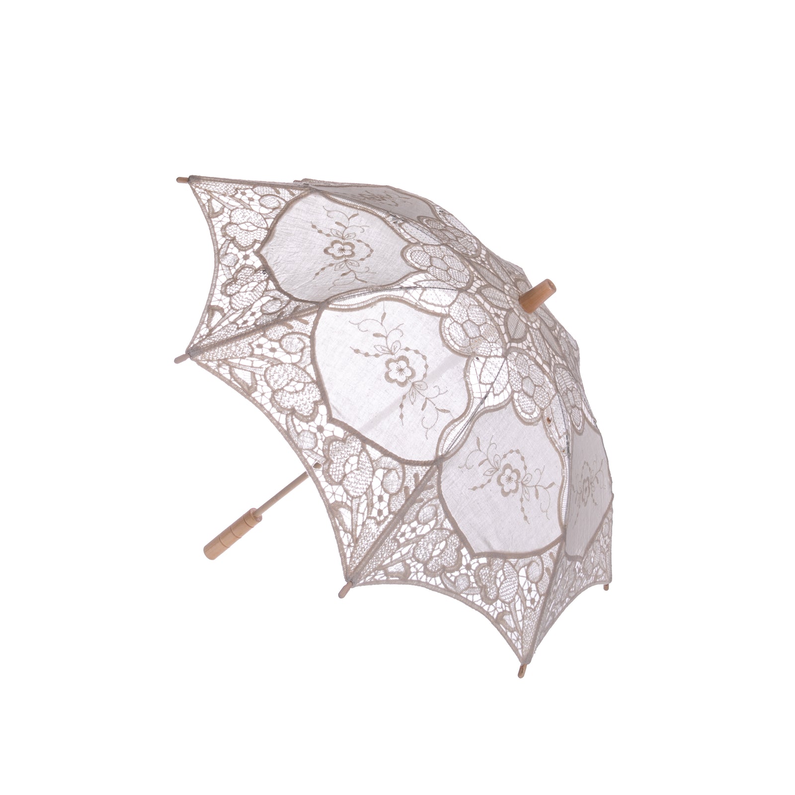 This beautiful, best-selling parasol is made from ivory cotton lace with a sun-proof lining to keep you sunburn-free when walking around our gardens, shopping, attending proms, weddings, parties — and more! Ivory cotton lace with polyester lining Wooden handle, metal spokes Diameter when open: 30"