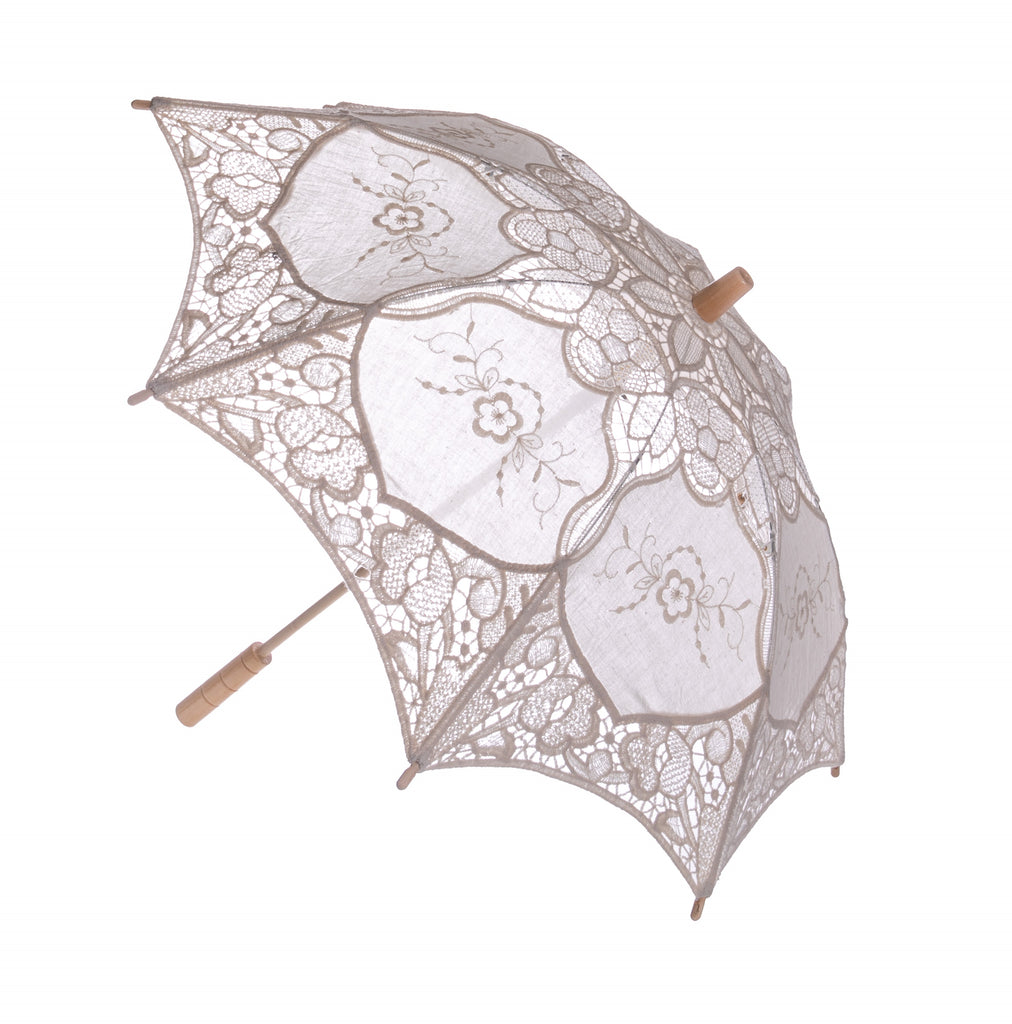 The perfect parasol for dress up or for keeping the sun's harmful rays at bay. This beautiful, best-selling parasol is made from ivory cotton lace to help keep your little one's sunburn-free. Ivory cotton lace Wooden handle, metal spokes Diameter when open: 23". Length when closed: 20".