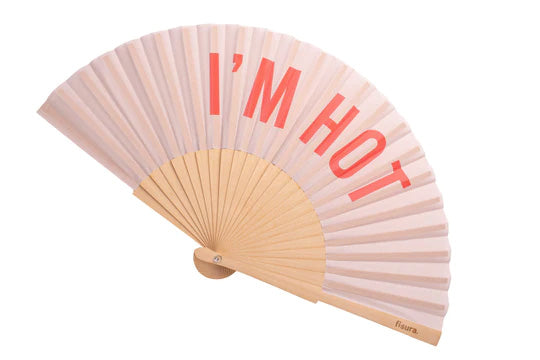 Look cool and stay cool with this colorful, fun, folding fan, with a powder-pink base and fun, bright pink 'I'm hot' text. Made from textile and wood obtained from sustainably managed forests. Textile and wood folding fan. Size when open: 16" x 8". Size when folded: 9" x 1.5".