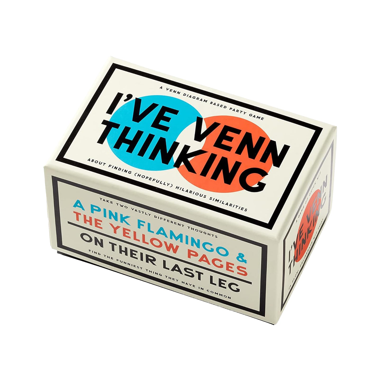 A boxed party game called 'I've Venn Thinking' shown at an angle on a plain white background. The box is cream-colored with bold black text and overlapping pink and orange circular graphics on the top and side panels.