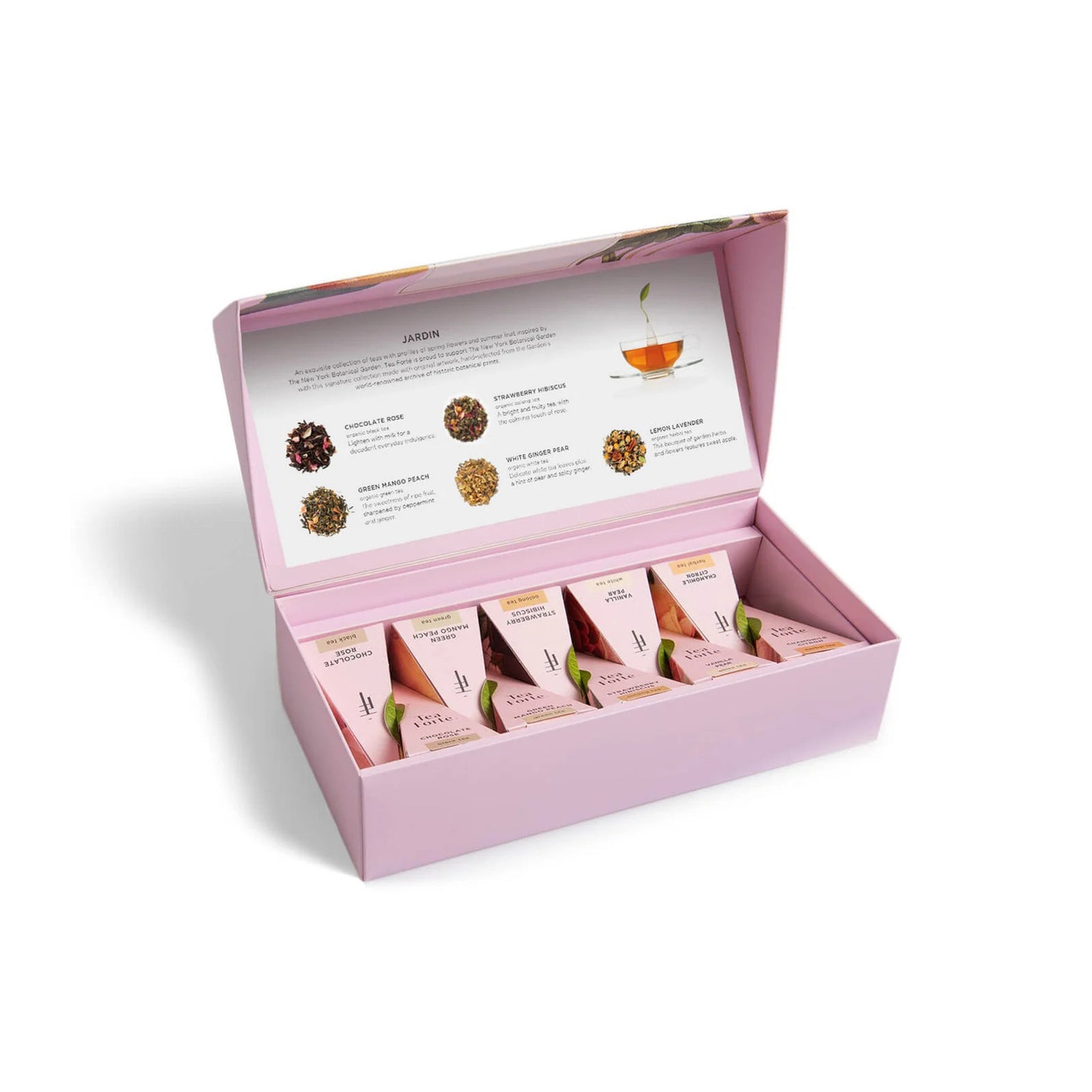 This sophisticated collection includes five organic tea blends, each with custom botanical artwork meant for enjoyment from the first glance to the last sip.