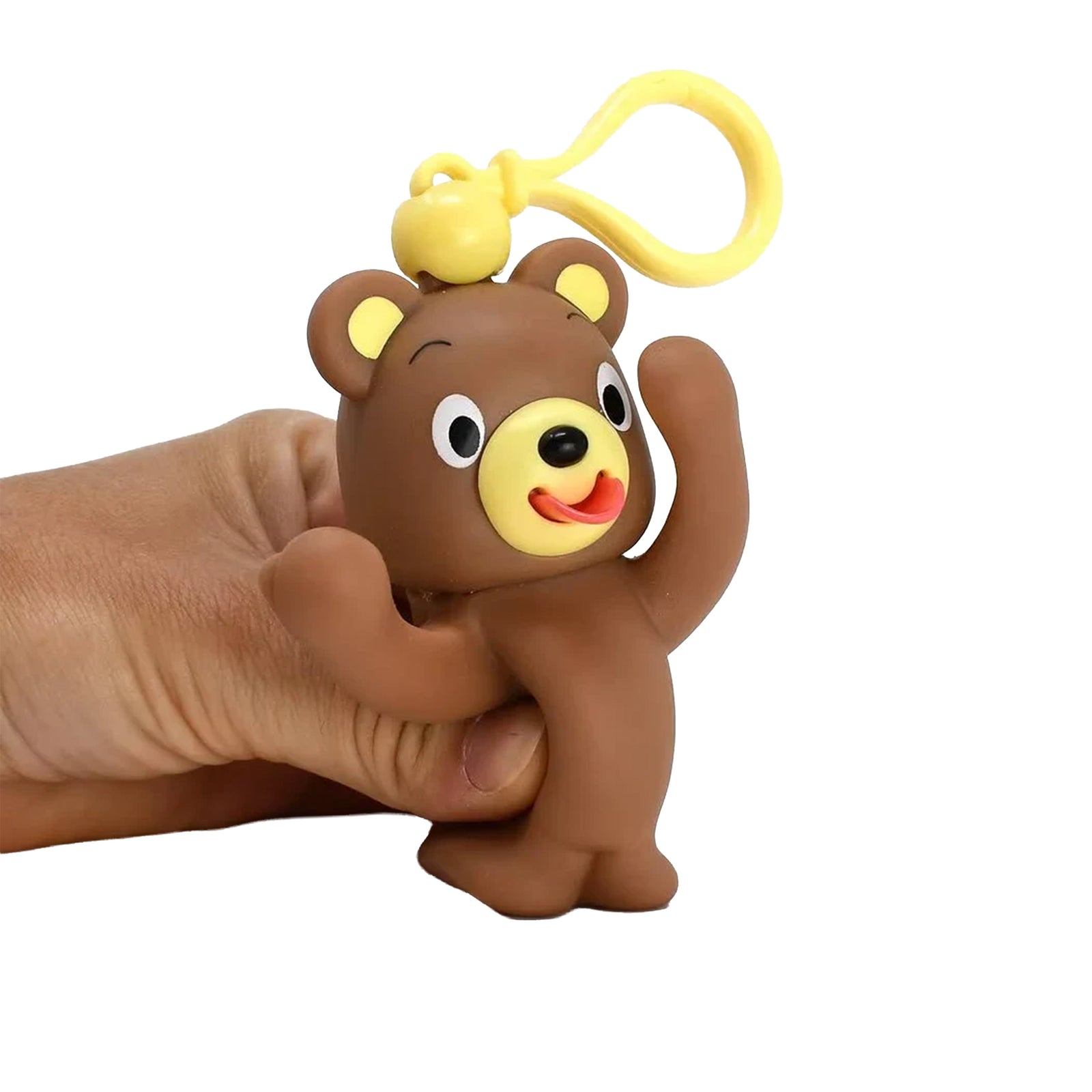 Brown bear keychain with a yellow tag on a white background