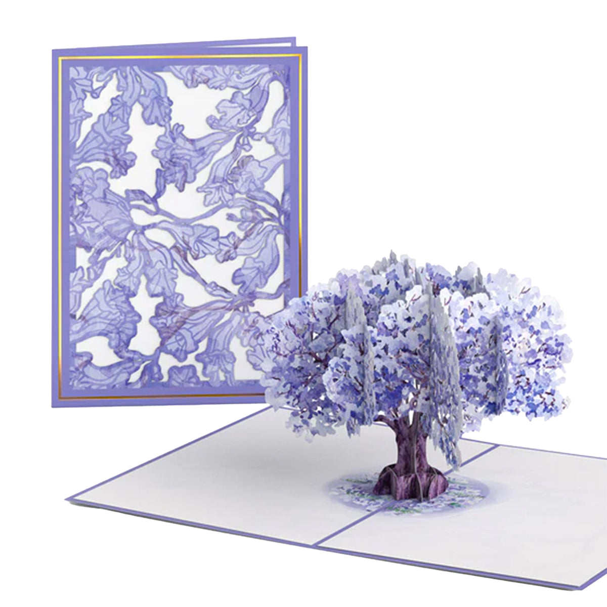 3D pop-up card with a purple tree and matching card on a white background