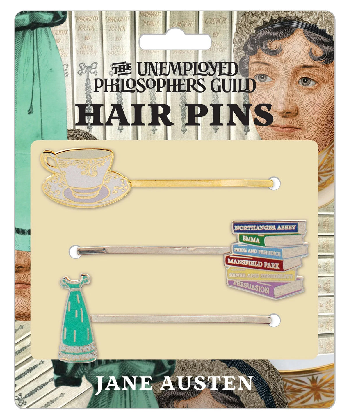 Set out the tea things -Cup and Saucer your favorite editions of Jane Austen and wear your azure Evening Gown... in your hair - Swept up in a bun, decorated with hair pins. These flat pins are crafted to hold all hair types in place.Set of three enameled hair pins Approx. 2.5&quot; length.