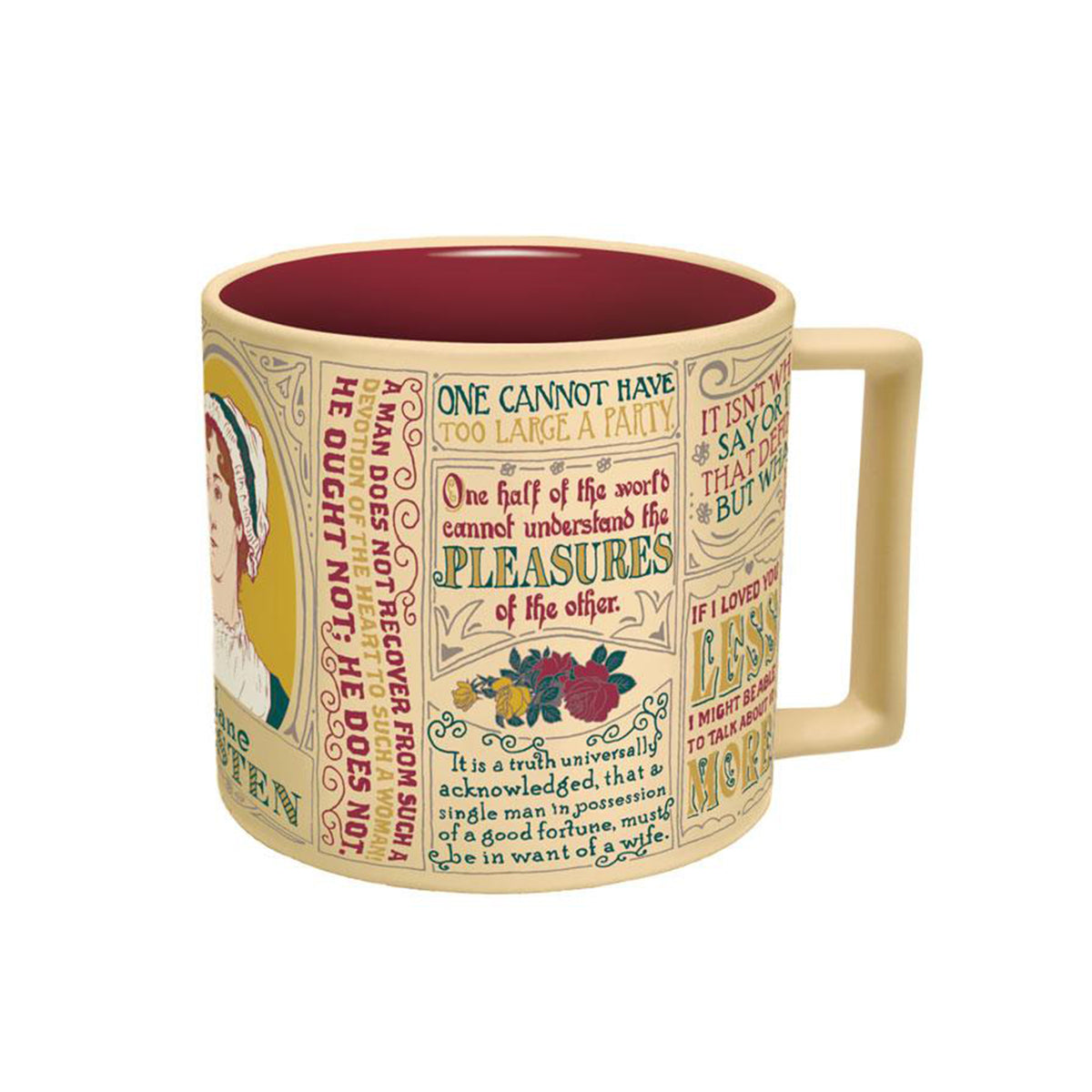 Decorative mug with text from Jane Austen novels and illustrations on a white background