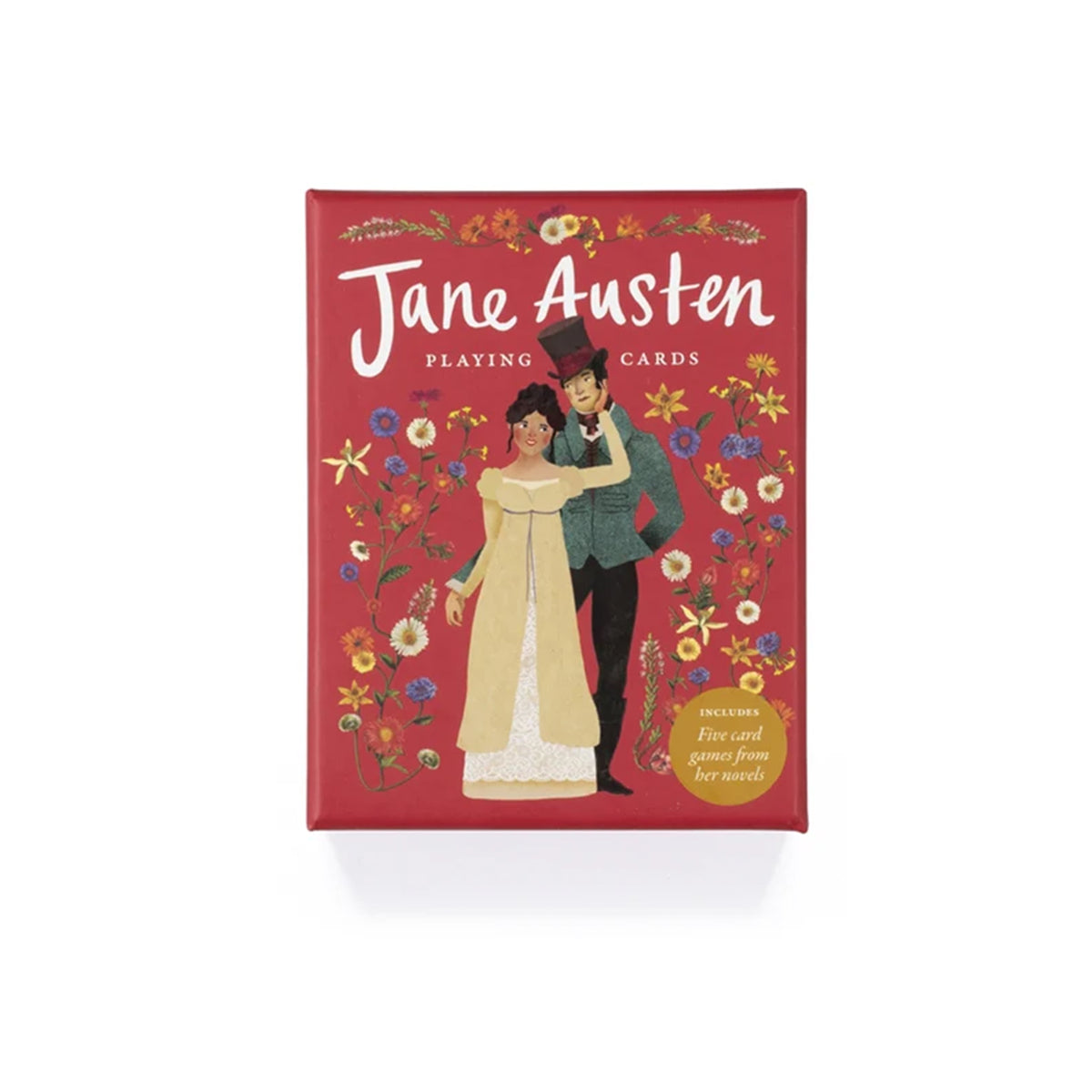 Jane Austen playing cards packaging with illustration of a couple and flowers on a red background