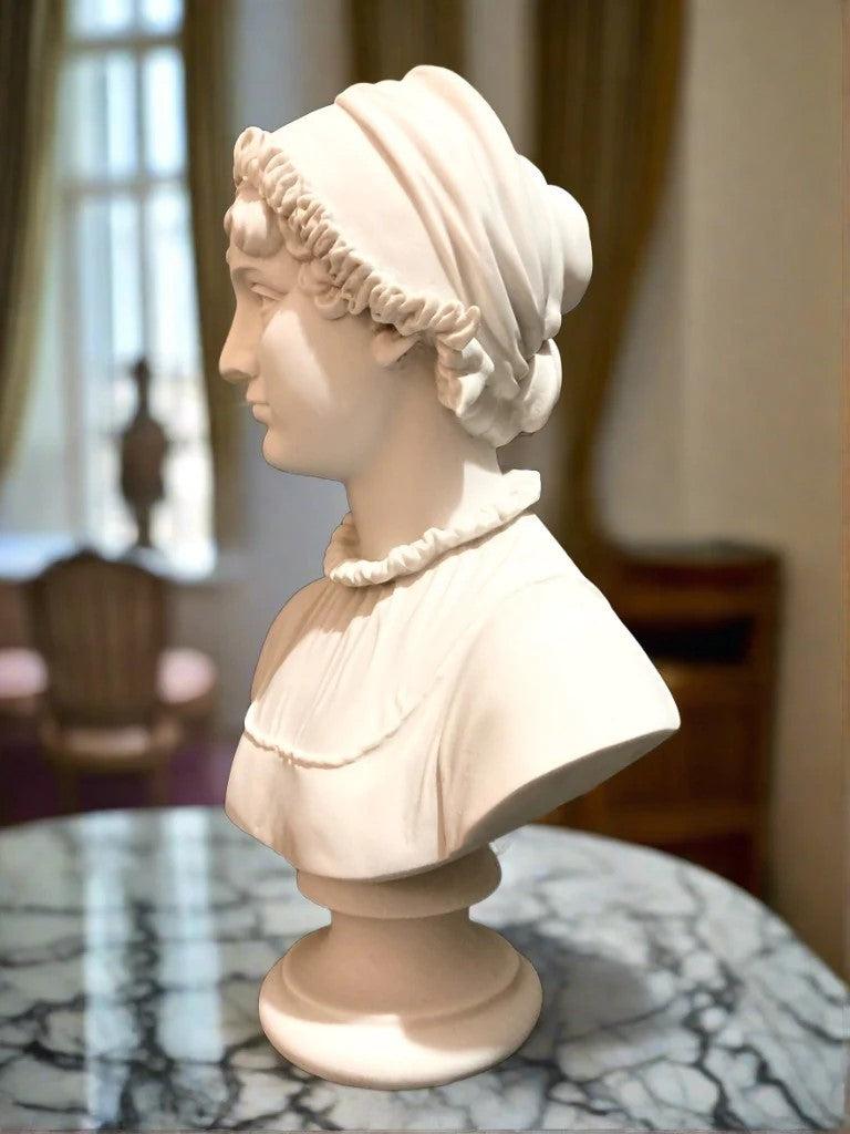 White marble bust sculpture of Jane Austen on a white background