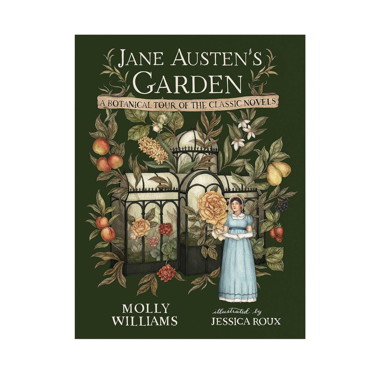 Book cover of 'Jane Austen's Garden' with illustrations of a woman, flowers, and a garden gate.