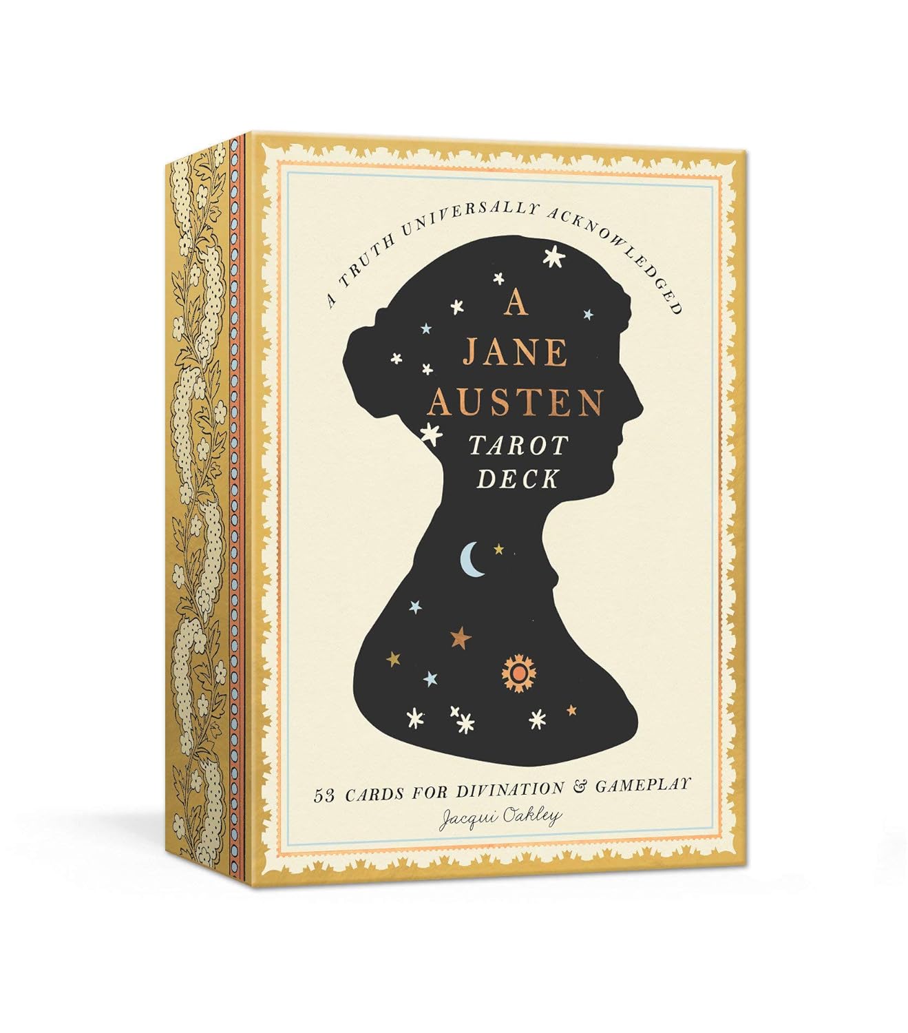 The ultimate must-have for any Jane Austen fan, this gorgeous set of 53 tarot cards features hand-drawn characters and objects from Austen's enduring novels. Noted Jane Austen artist Jacqui Oakley brings her beautiful work to the world of tarot with this sublime and whimsical package. Box dimensions: 5" x 6" x 1.5".