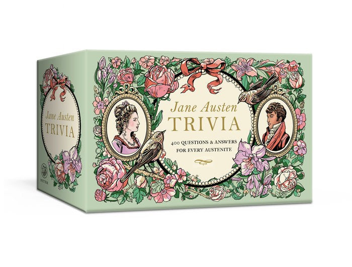 Jane Austen Trivia game box with decorative design on a white background