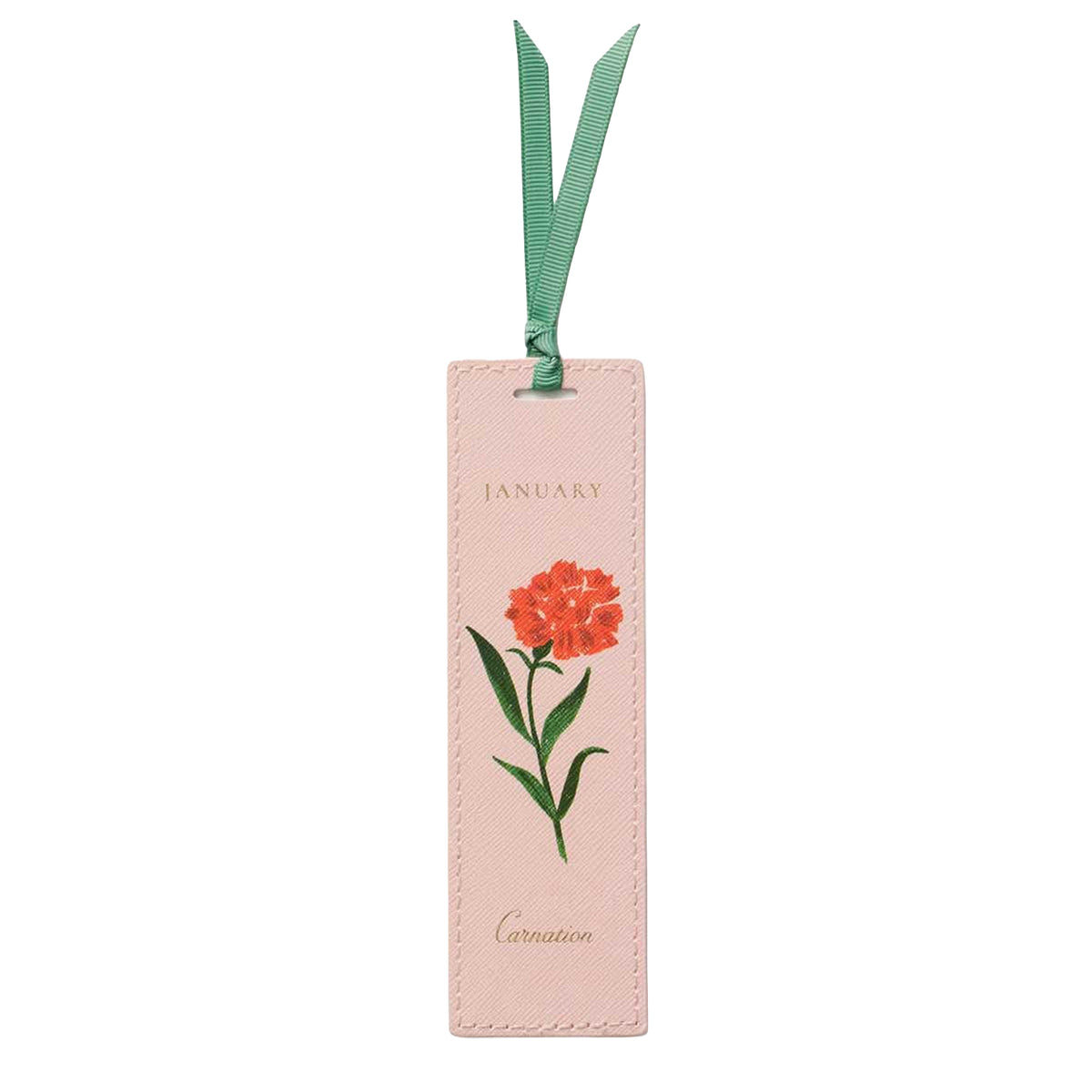 Bookmark with a red flower illustration and green ribbon on a white background