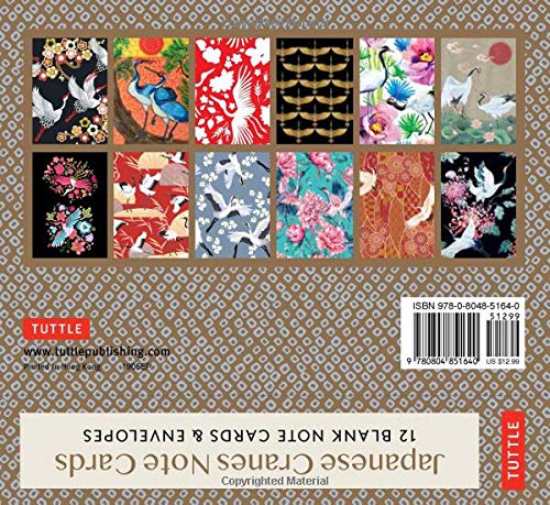 These high-quality note cards feature 12 traditional Asian prints of Japanese Cranes. Blank inside for you to write your own message. These elegant note cards are printed with twelve different patterns and accompanying envelopes. 12 folded blank note cards 6 x 4 inches. 