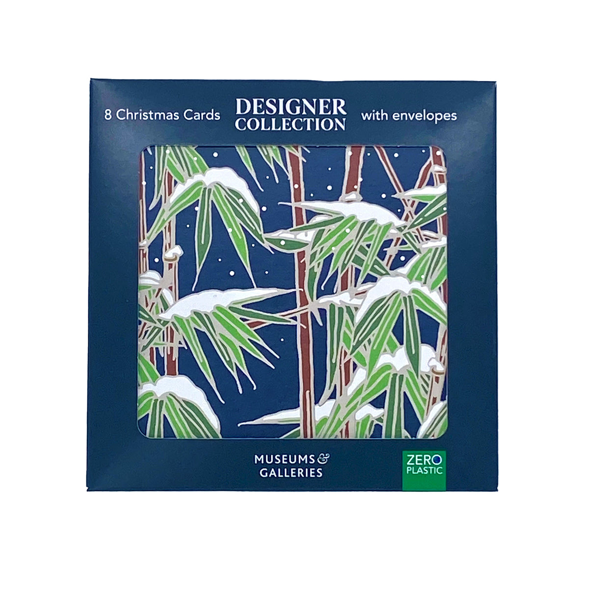 Box of Christmas cards with bamboo design on a blue background