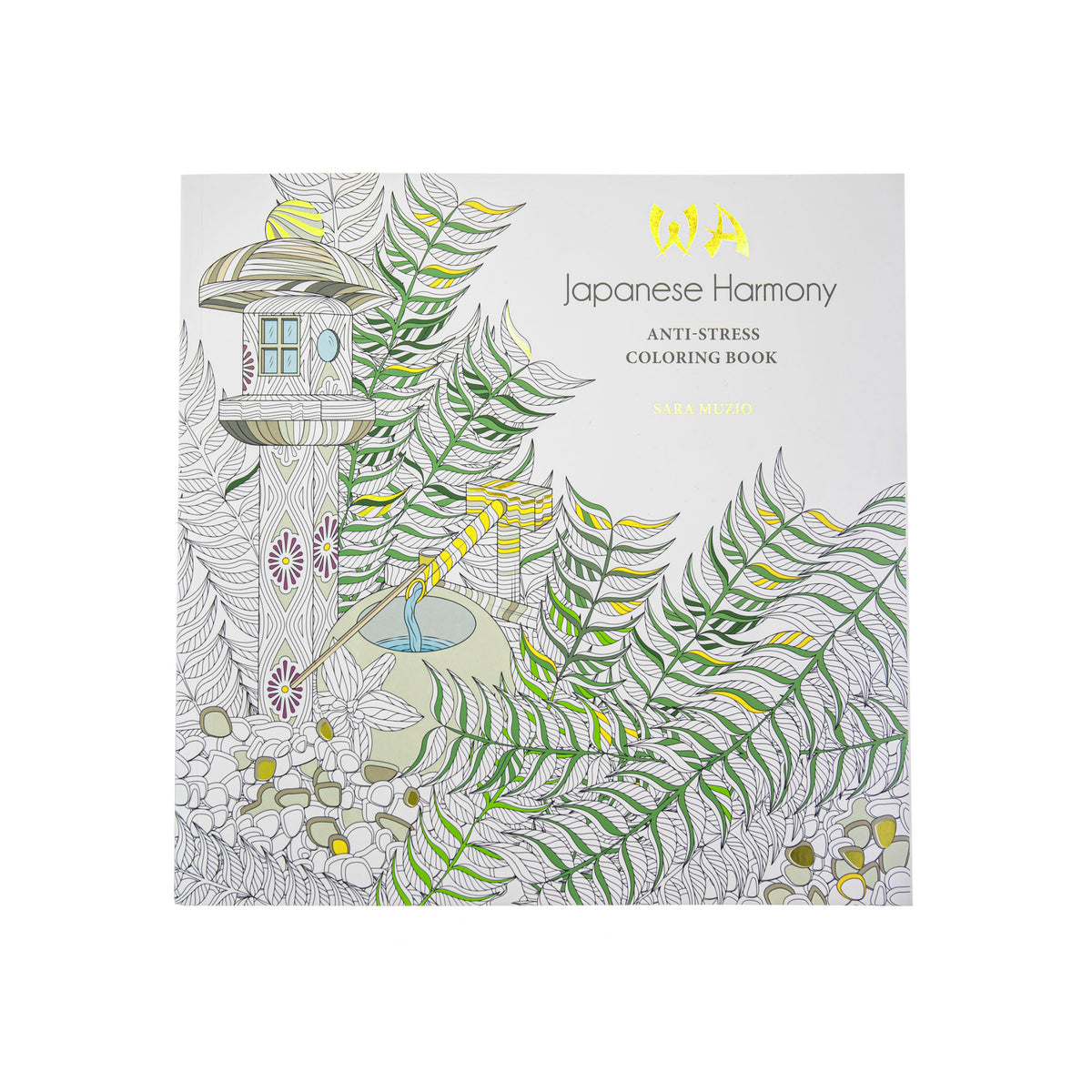 Japanese Harmony Anti Stress Coloring Book cover, featuring a detailed botanical illustration with a pagoda and green ferns on a white background.