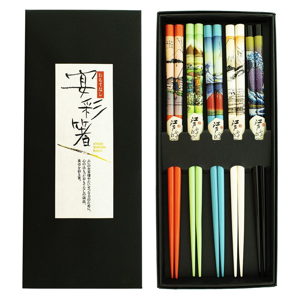 This attractive assortment of brightly decorated chopsticks features traditional Japanese woodblock style paintings. Beautiful gift box accompanies this set. Set of four decorated wooden chopsticks. Chopstick length: 9". Box dimensions: 4"x 9.5"x 0.5".