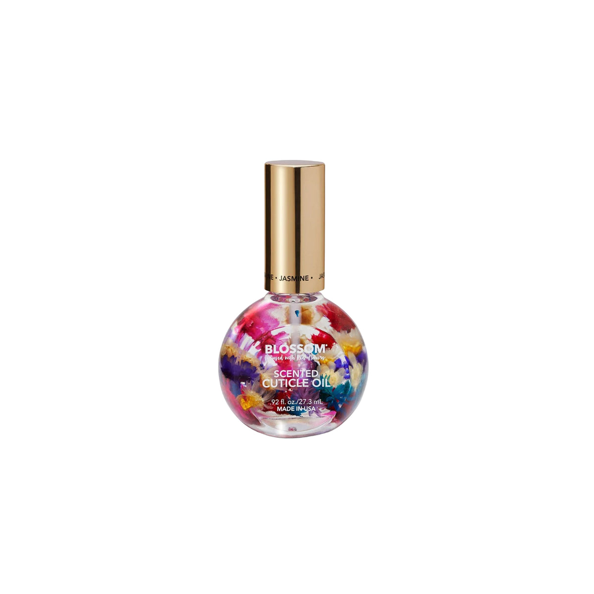 Bottle of Blossom scented cuticle oil with floral design on a white background
